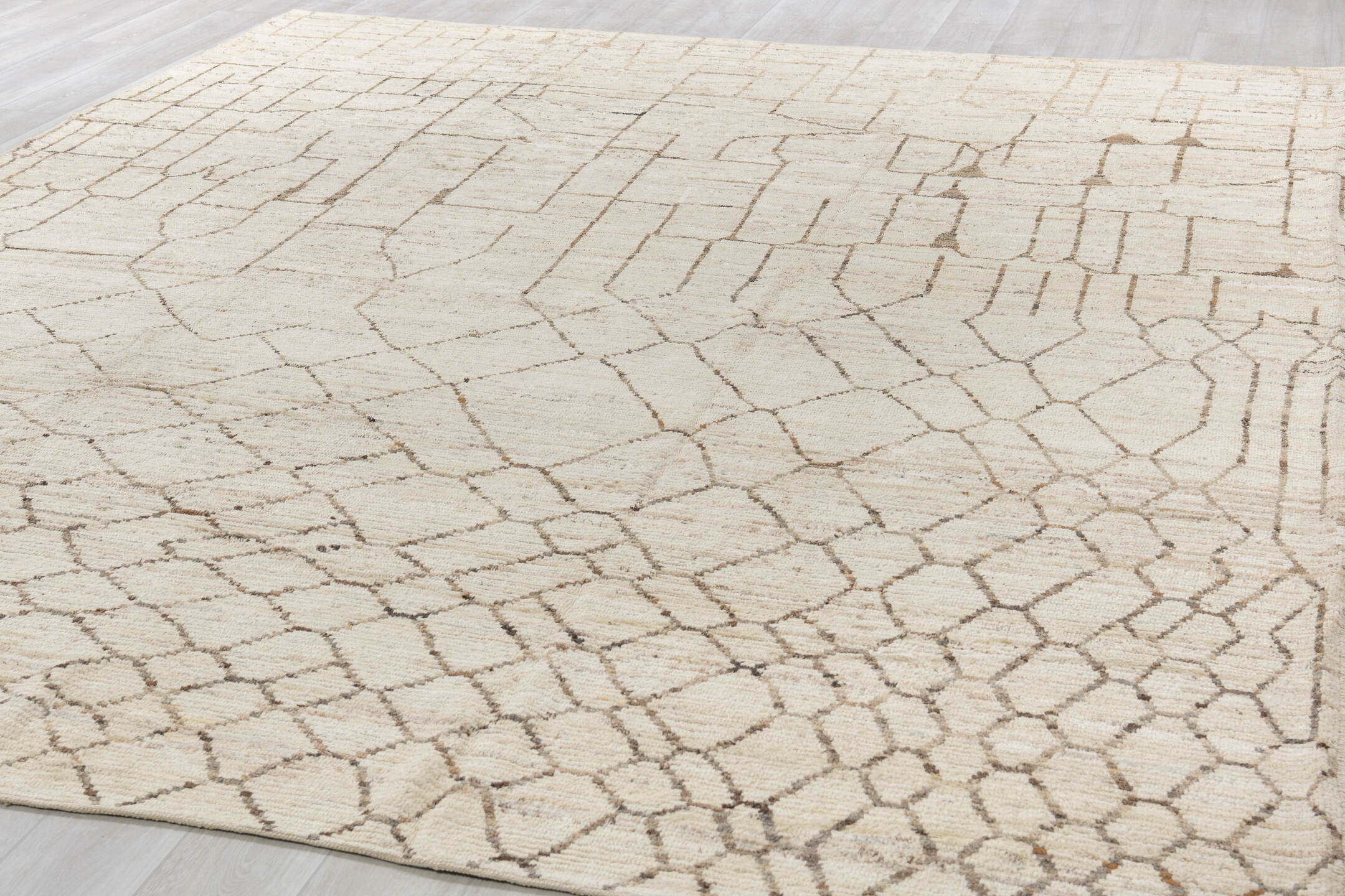 10' x 13' one-of-a-kind handmade vintage Tulu large size rug. Color palette: ivory, taupe, charcoal, cream, beige, gray