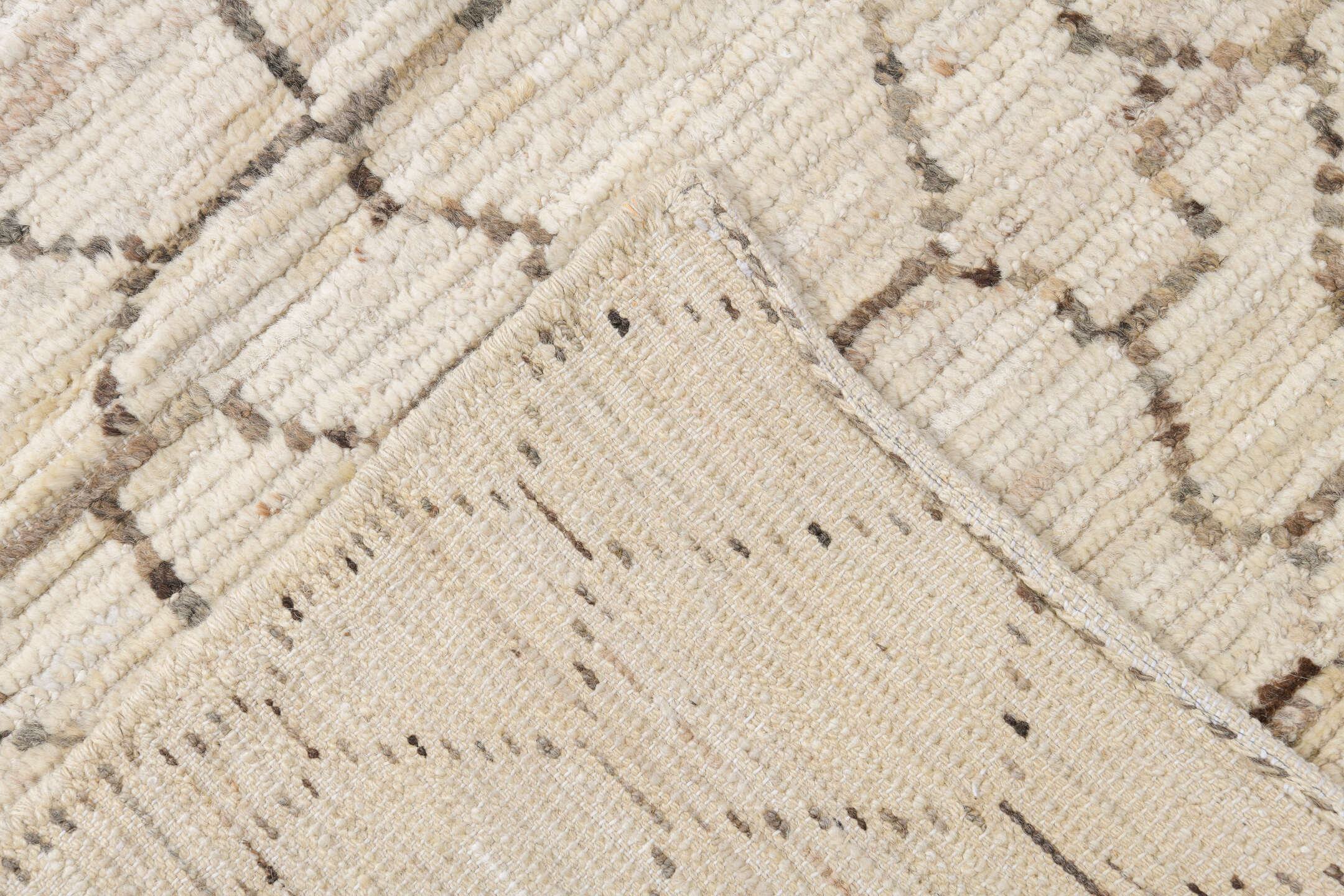 10' x 13' one-of-a-kind handmade vintage Tulu large size rug. Color palette: ivory, taupe, charcoal, cream, beige, gray