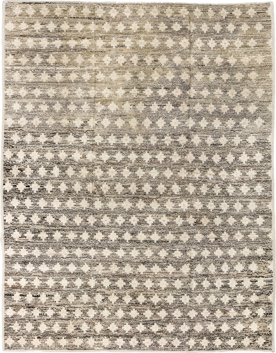 9' x 12' one-of-a-kind handmade vintage Tulu large size rug. Color palette: ivory, taupe, charcoal, cream, beige, gray