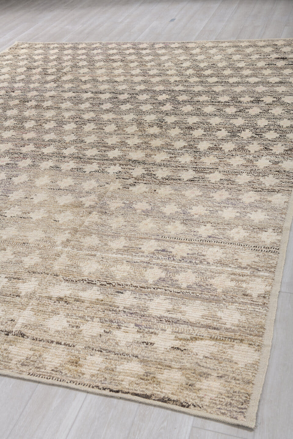 9' x 12' one-of-a-kind handmade vintage Tulu large size rug. Color palette: ivory, taupe, charcoal, cream, beige, gray