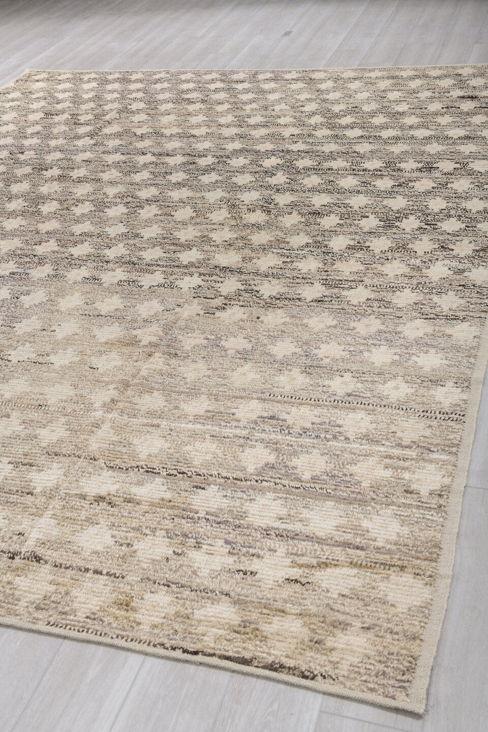 9' x 12' one-of-a-kind handmade vintage Tulu large size rug. Color palette: ivory, taupe, charcoal, cream, beige, gray
