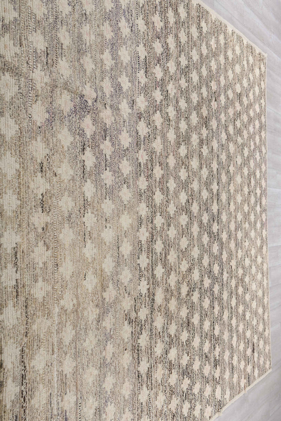 9' x 12' one-of-a-kind handmade vintage Tulu large size rug. Color palette: ivory, taupe, charcoal, cream, beige, gray