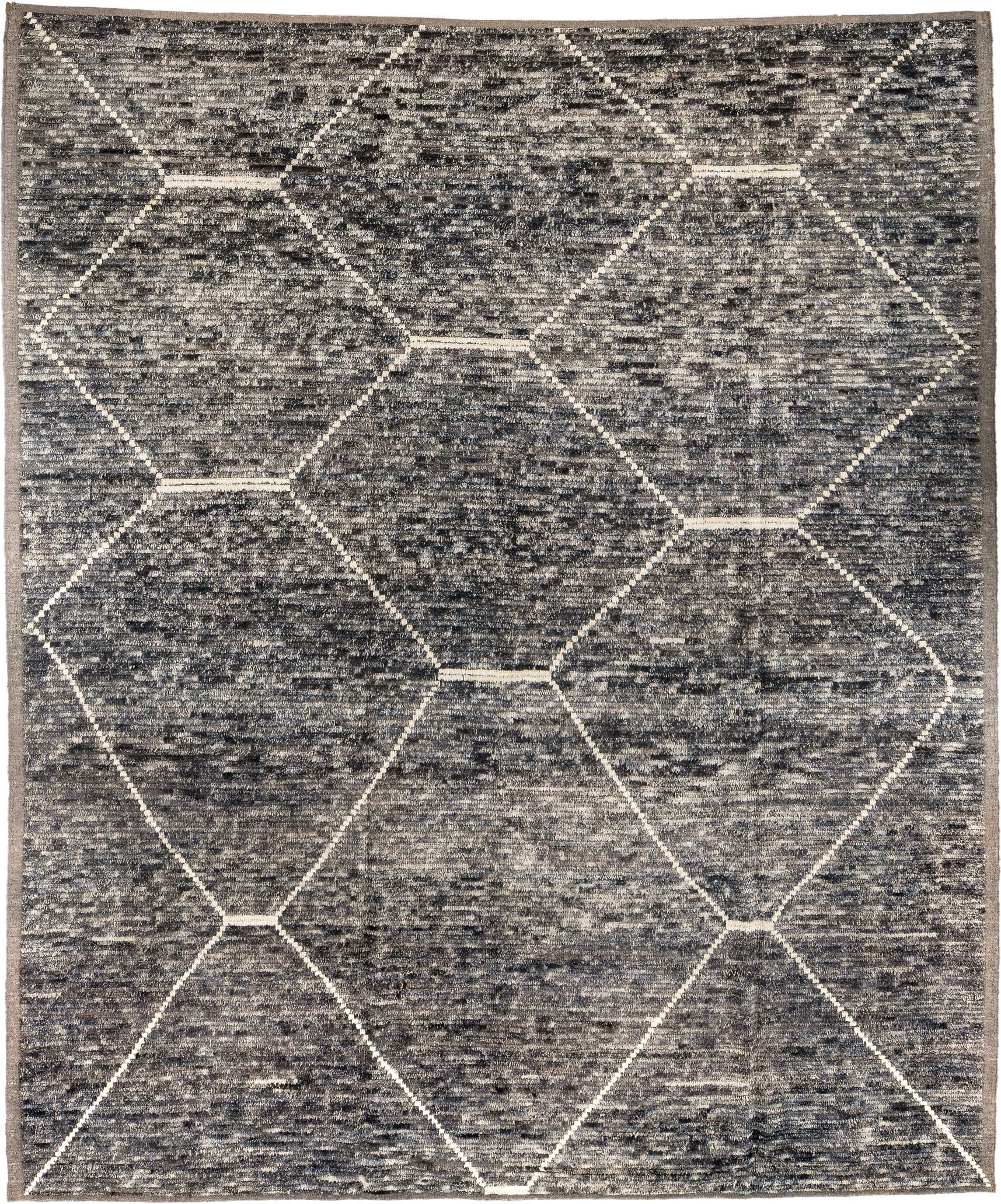 8' x 10' one-of-a-kind handmade vintage Tulu large size rug. Color palette: gray, charcoal, ivory, taupe, black, beige