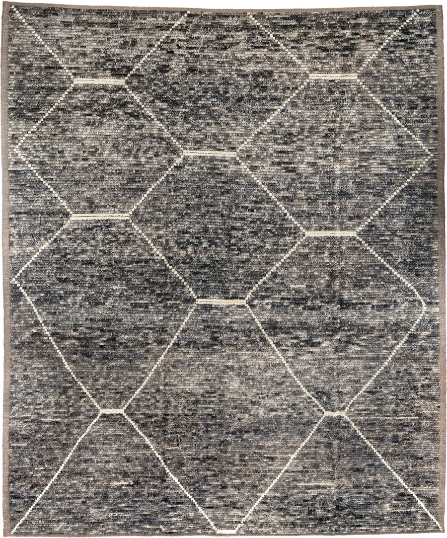 8' x 10' one-of-a-kind handmade vintage Tulu large size rug. Color palette: gray, charcoal, ivory, taupe, black, beige
