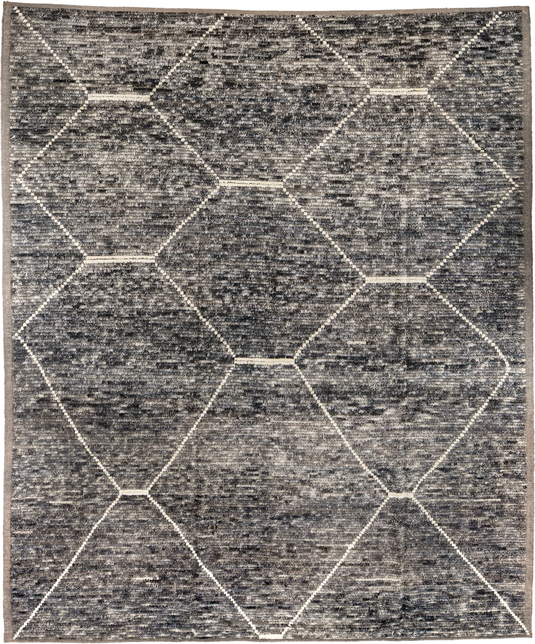8' x 10' one-of-a-kind handmade vintage Tulu large size rug. Color palette: gray, charcoal, ivory, taupe, black, beige