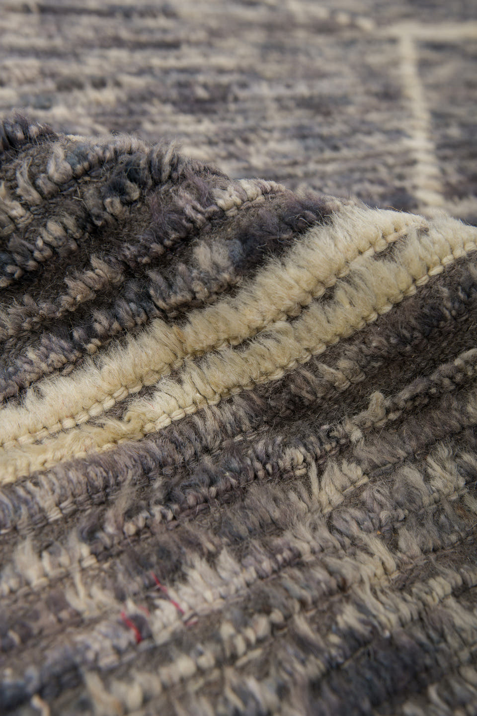 8' x 10' one-of-a-kind handmade vintage Tulu large size rug. Color palette: gray, charcoal, ivory, taupe, black, beige