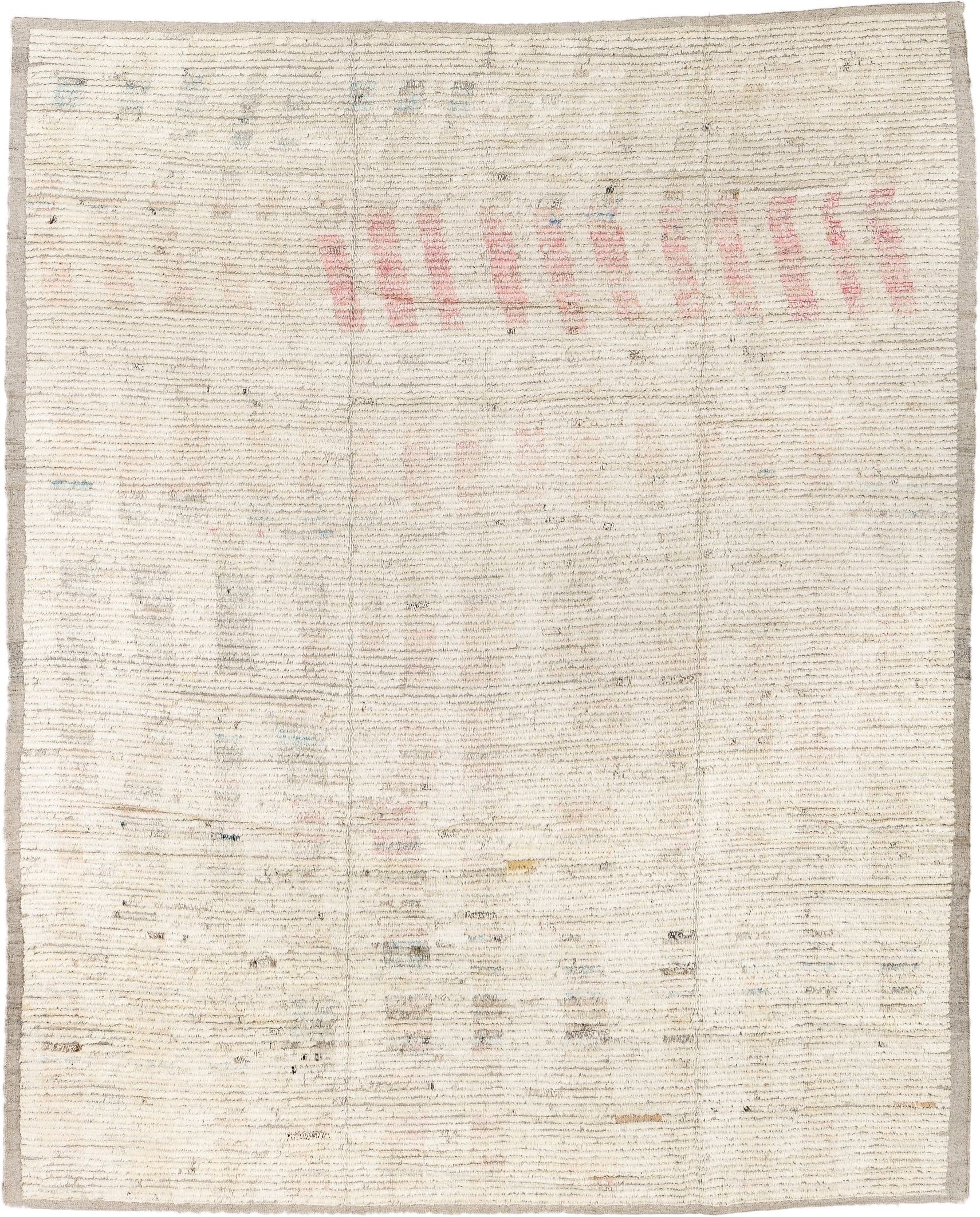 8' x 11' one-of-a-kind handmade vintage Tulu large size rug. Color palette: ivory, cream, taupe, blush, pale blue, charcoal