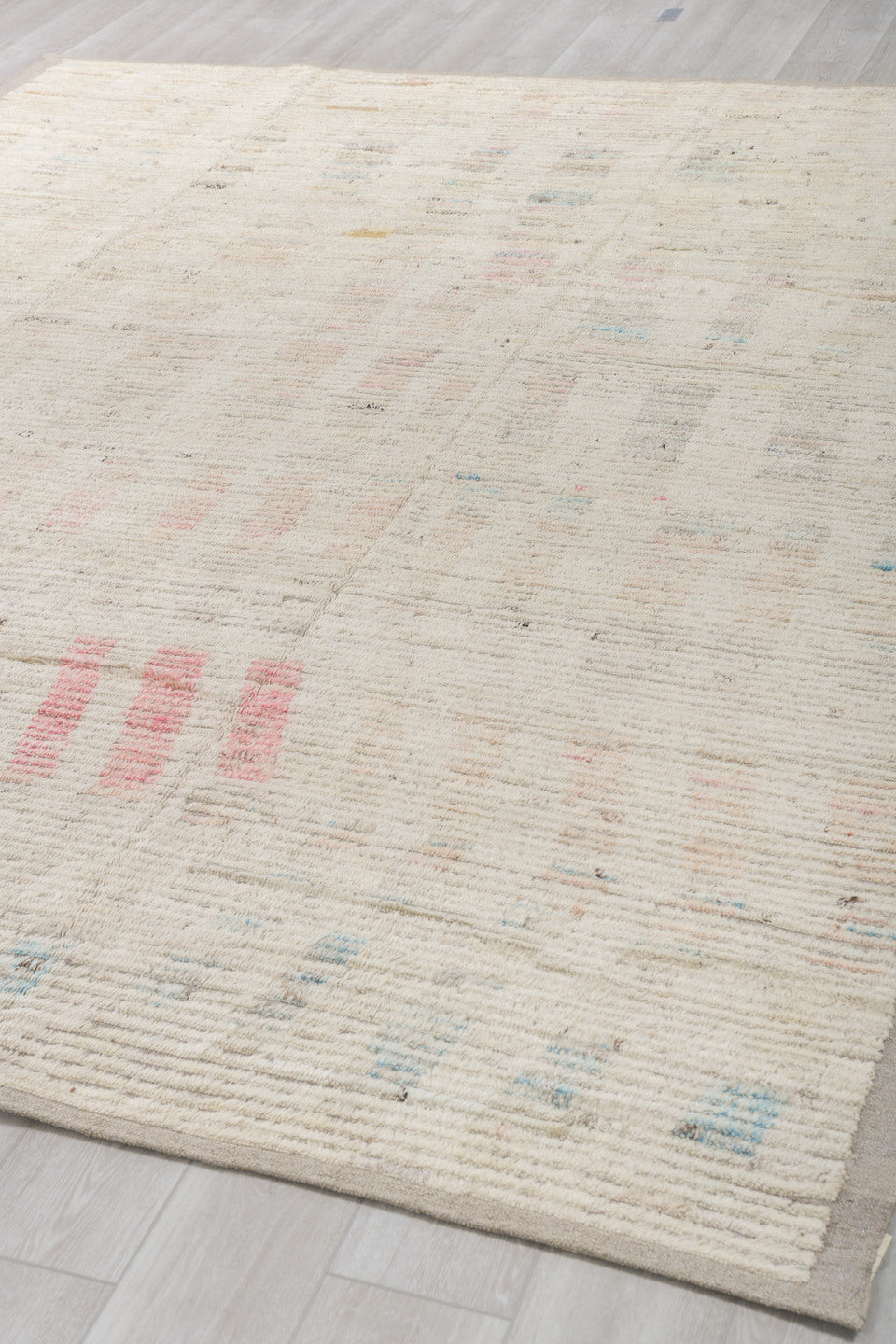 8' x 11' one-of-a-kind handmade vintage Tulu large size rug. Color palette: ivory, cream, taupe, blush, pale blue, charcoal