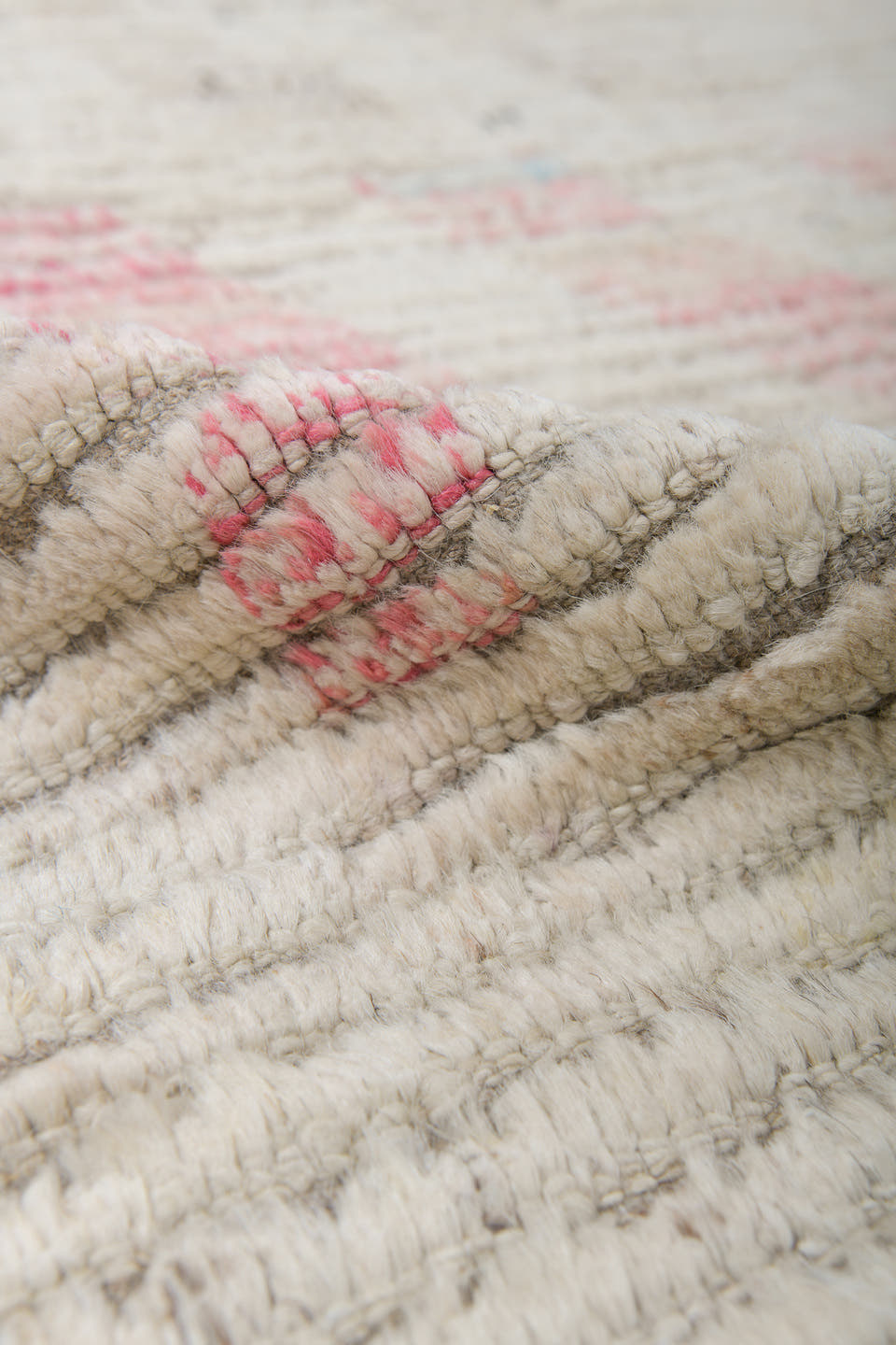 8' x 11' one-of-a-kind handmade vintage Tulu large size rug. Color palette: ivory, cream, taupe, blush, pale blue, charcoal