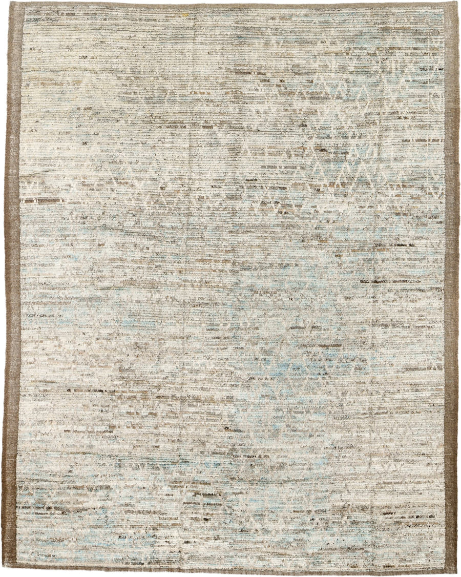 7' x 10' one-of-a-kind handmade vintage Tulu large size rug. Color palette: ivory, taupe, beige, pale blue, brown, cream
