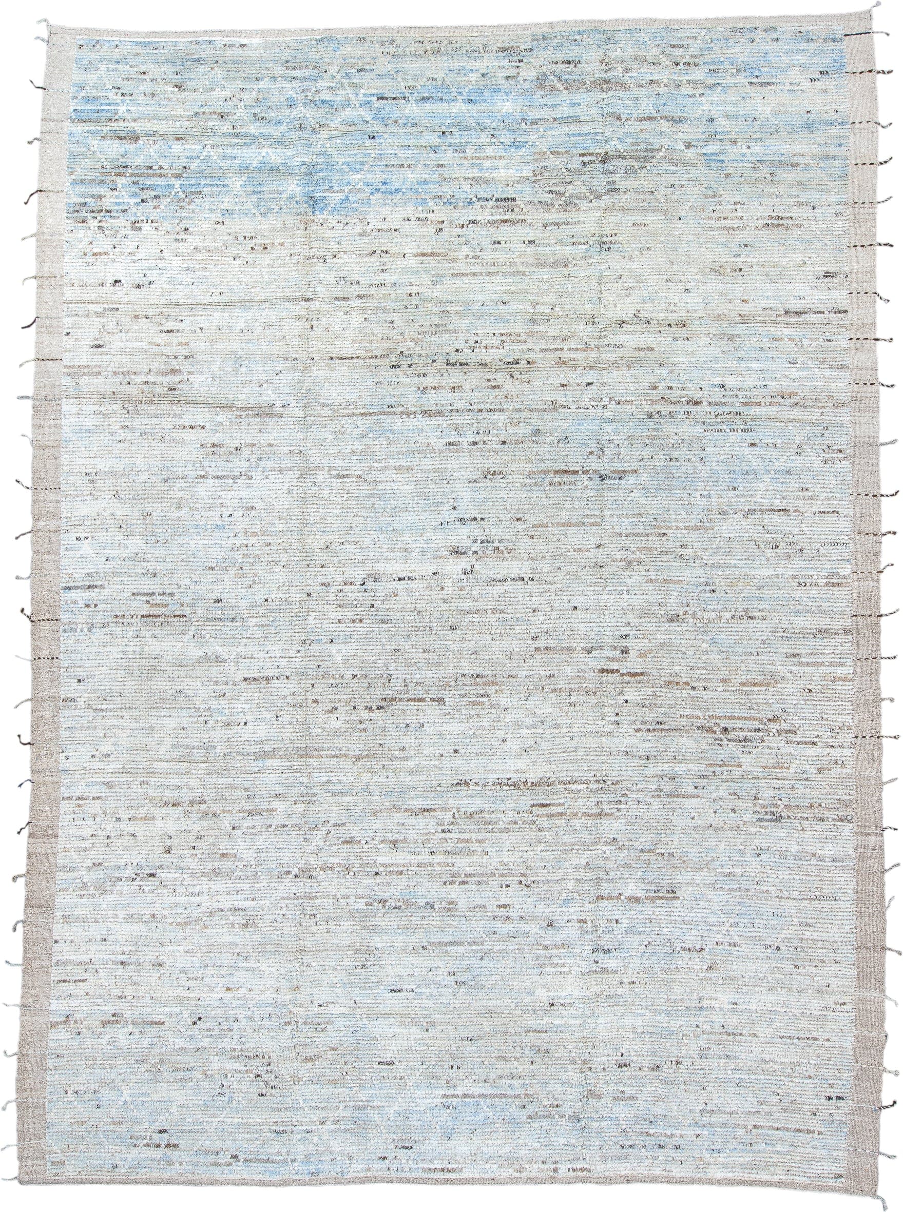 10' x 14' one-of-a-kind handmade vintage Tulu large size rug. Color palette: ivory, pale blue, taupe, beige, charcoal