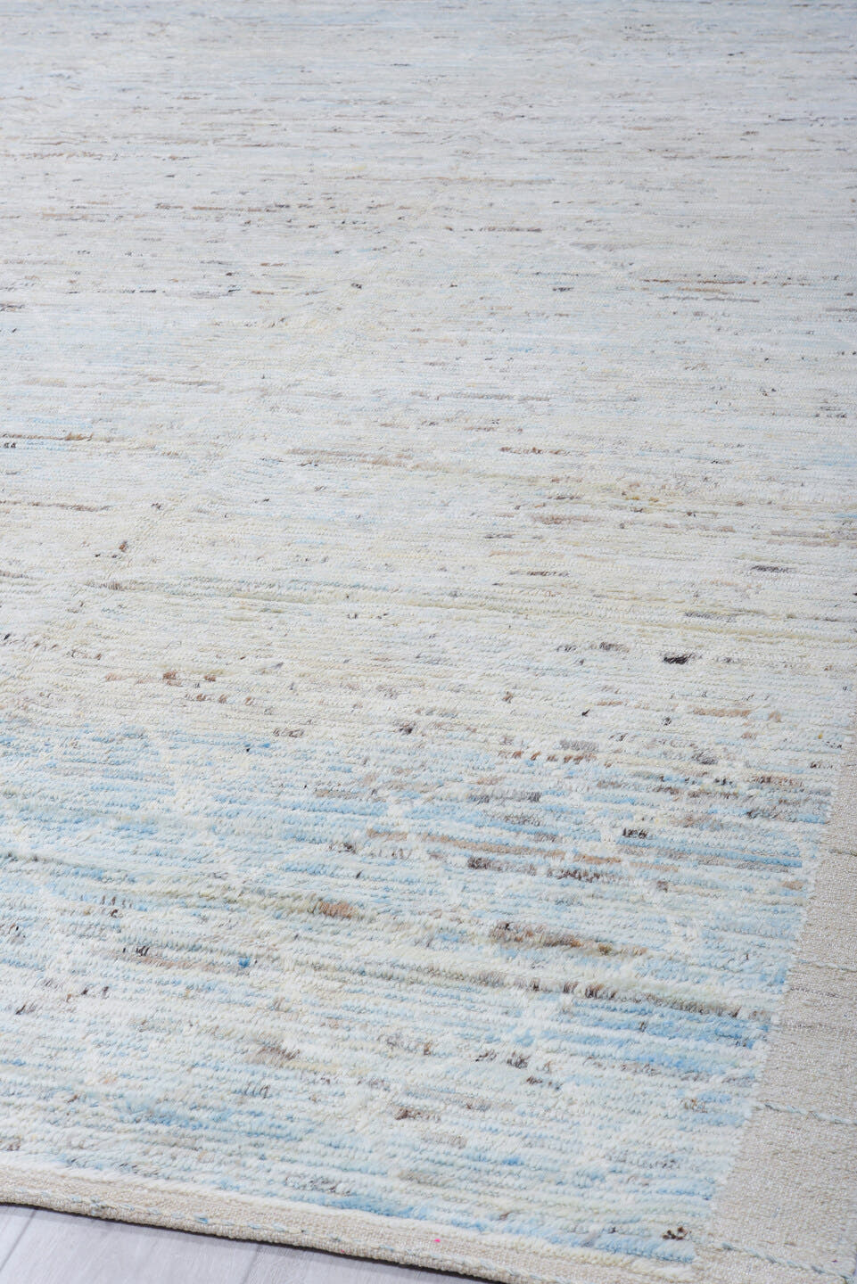 10' x 14' one-of-a-kind handmade vintage Tulu large size rug. Color palette: ivory, pale blue, taupe, beige, charcoal