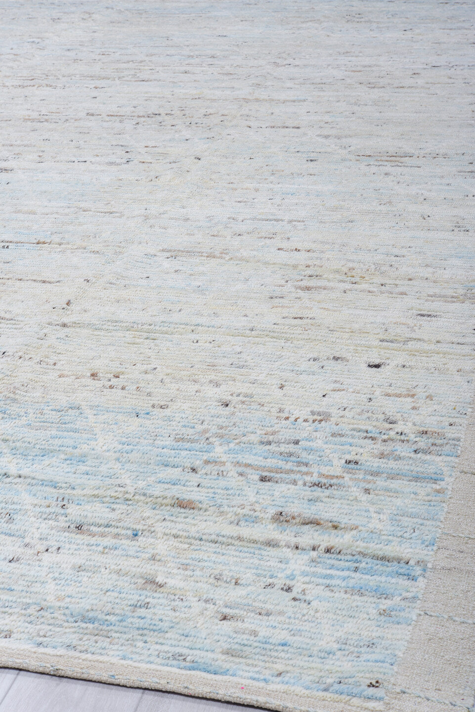 10' x 14' one-of-a-kind handmade vintage Tulu large size rug. Color palette: ivory, pale blue, taupe, beige, charcoal