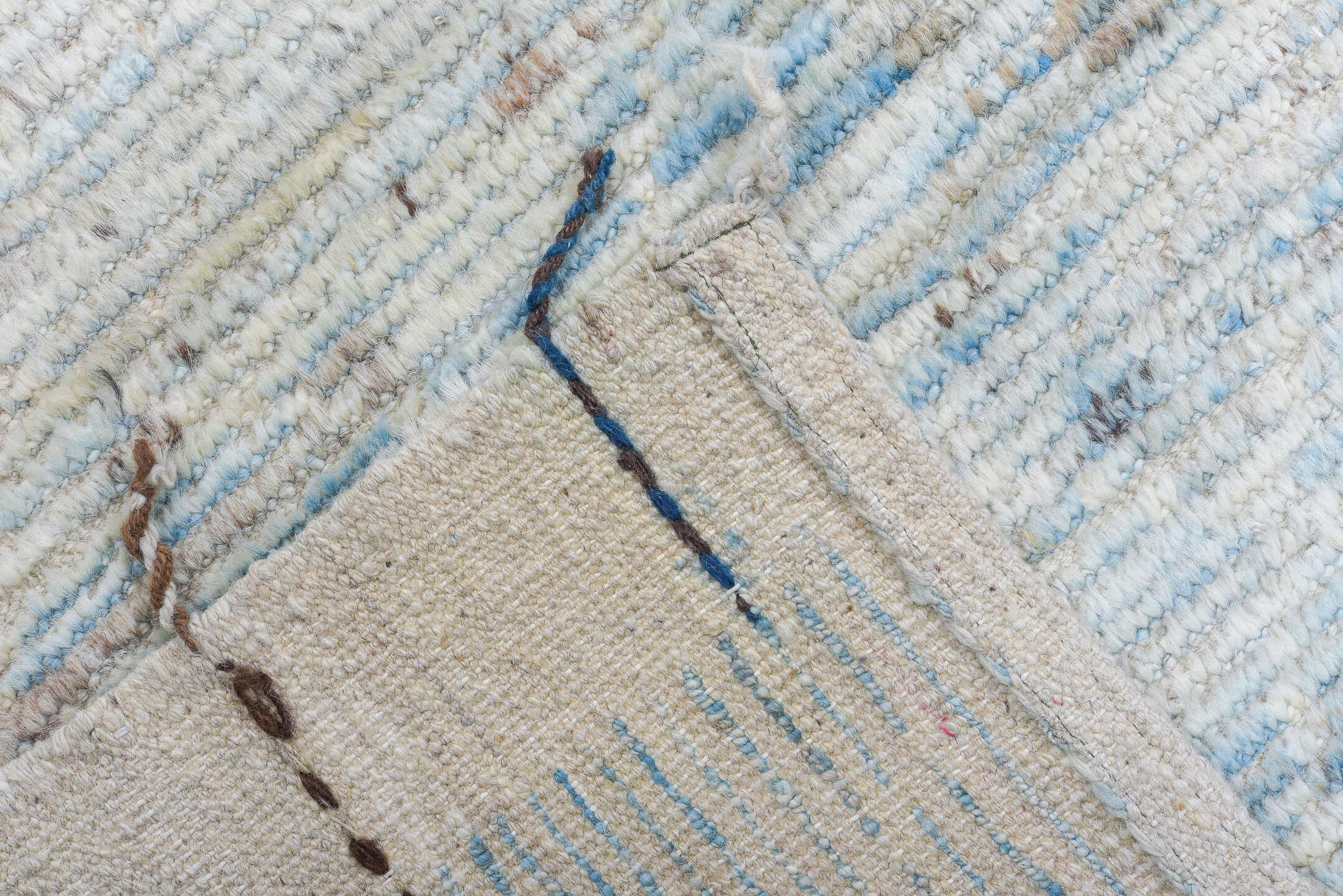10' x 14' one-of-a-kind handmade vintage Tulu large size rug. Color palette: ivory, pale blue, taupe, beige, charcoal
