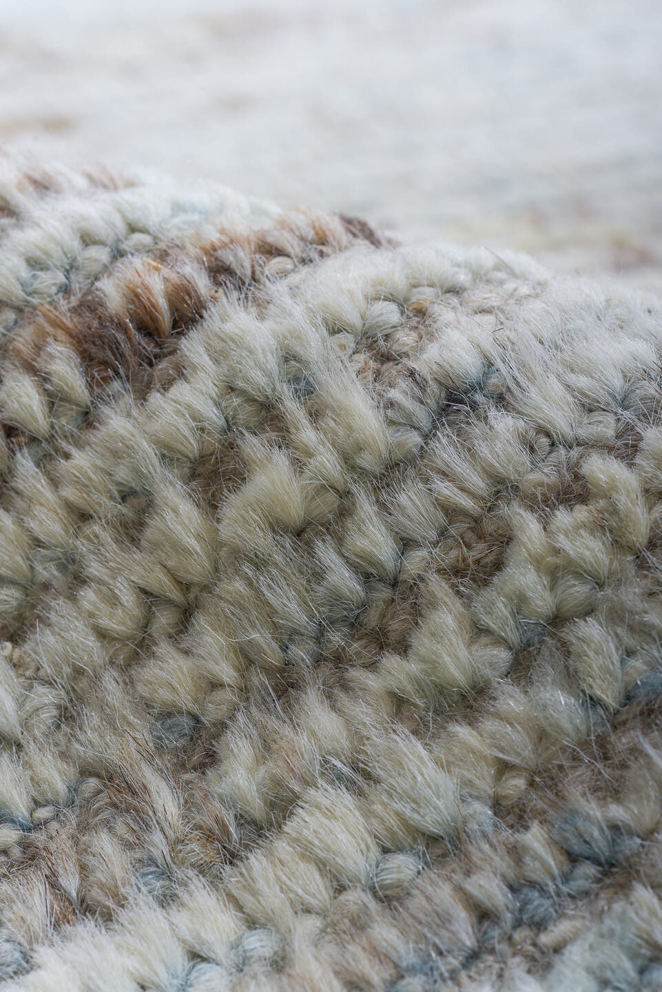 10' x 14' one-of-a-kind handmade vintage Tulu large size rug. Color palette: ivory, pale blue, taupe, beige, charcoal