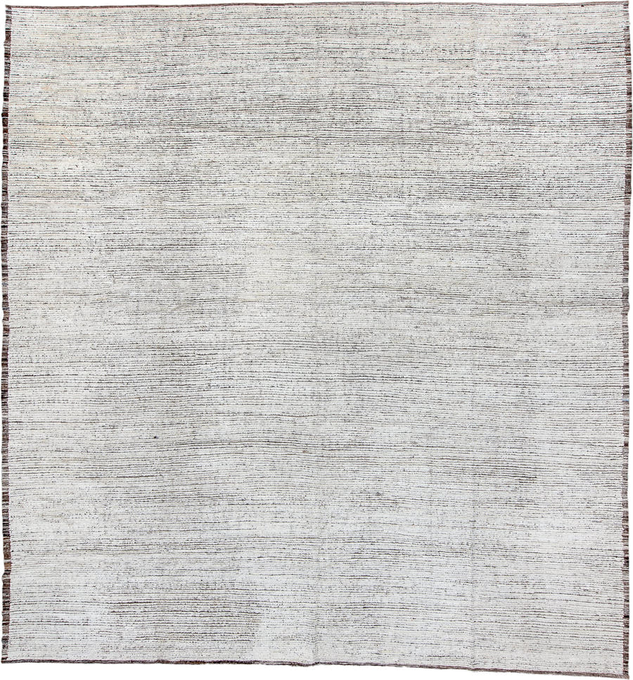 13' x 13' one-of-a-kind handmade vintage Tulu oversize rug. Color palette: ivory, charcoal, taupe, brown, gray, black, beige