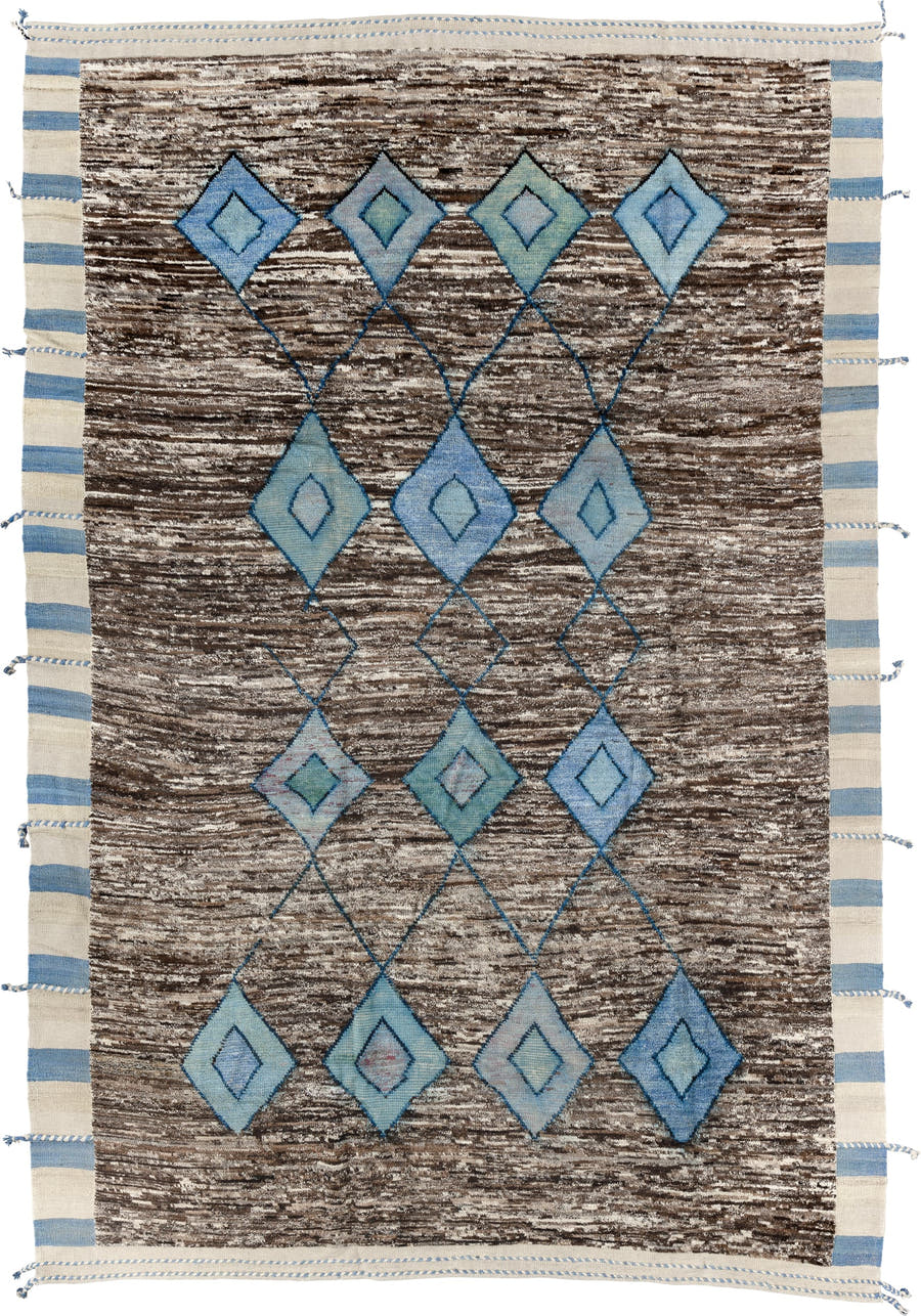 8' x 13' one-of-a-kind handmade vintage Tulu large size rug. Color palette: brown, ivory, sky blue, powder blue, camel