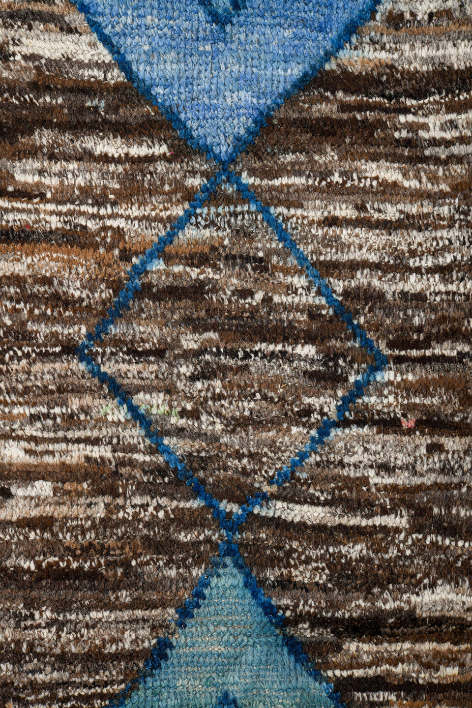 8' x 13' one-of-a-kind handmade vintage Tulu large size rug. Color palette: brown, ivory, sky blue, powder blue, camel