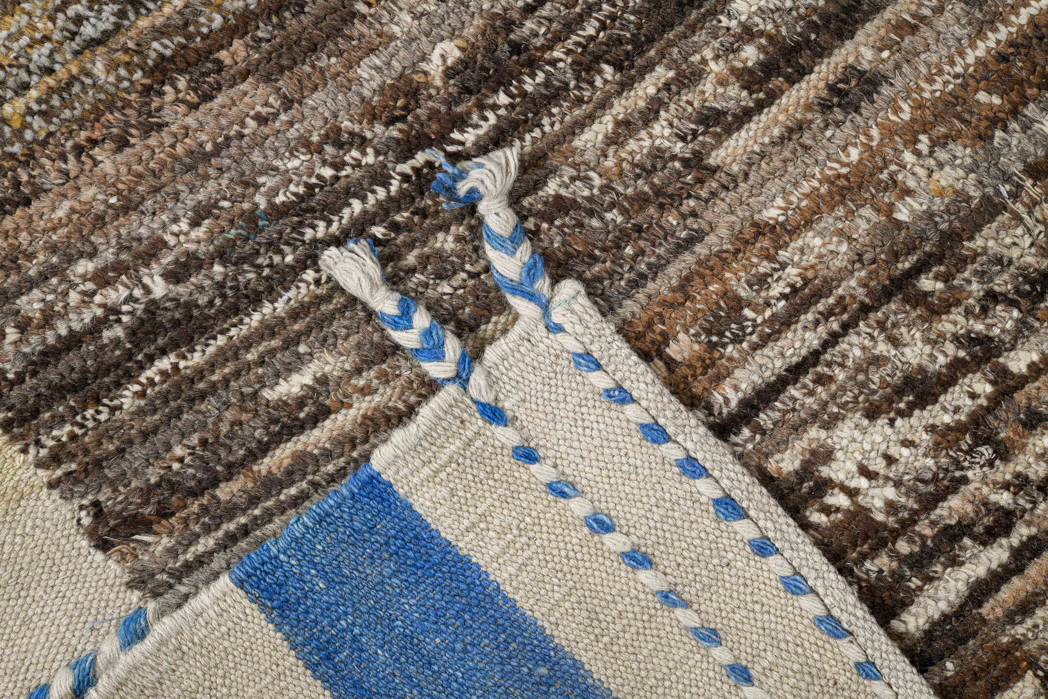 8' x 13' one-of-a-kind handmade vintage Tulu large size rug. Color palette: brown, ivory, sky blue, powder blue, camel