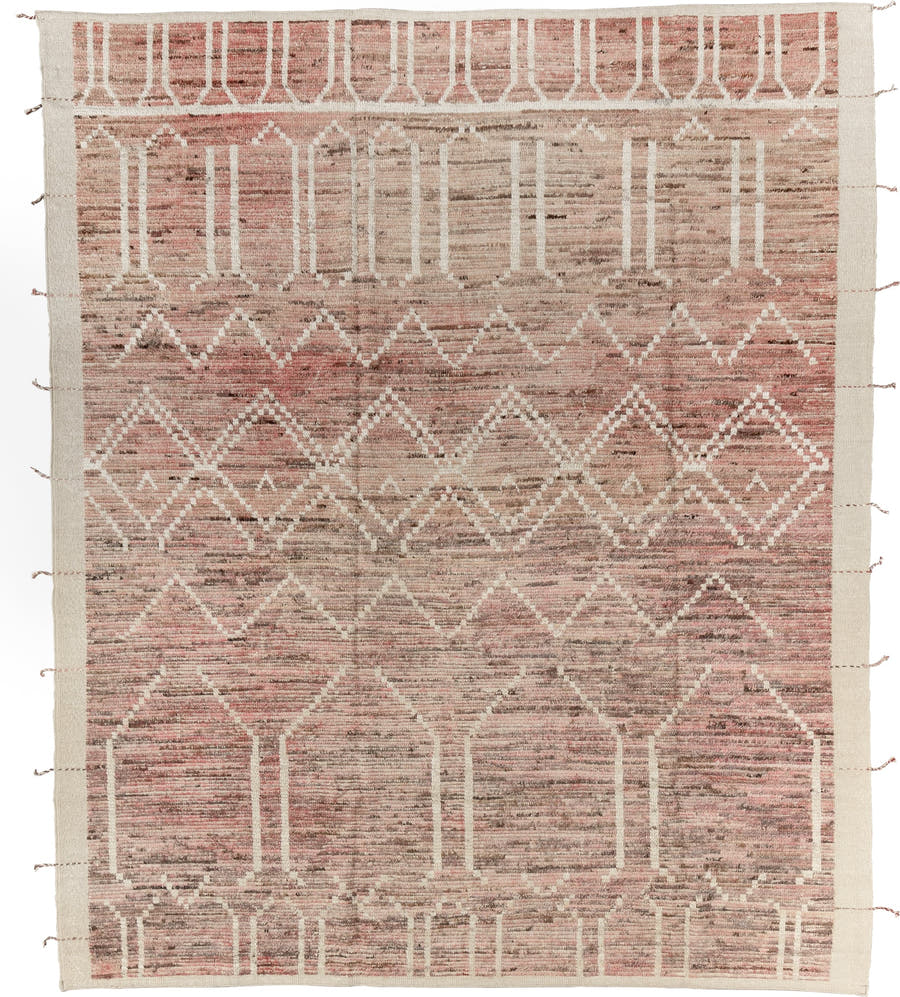 8' x 9' one-of-a-kind handmade vintage Tulu large size rug. Color palette: rose, taupe, ivory, blush, sand, brown, pink, red