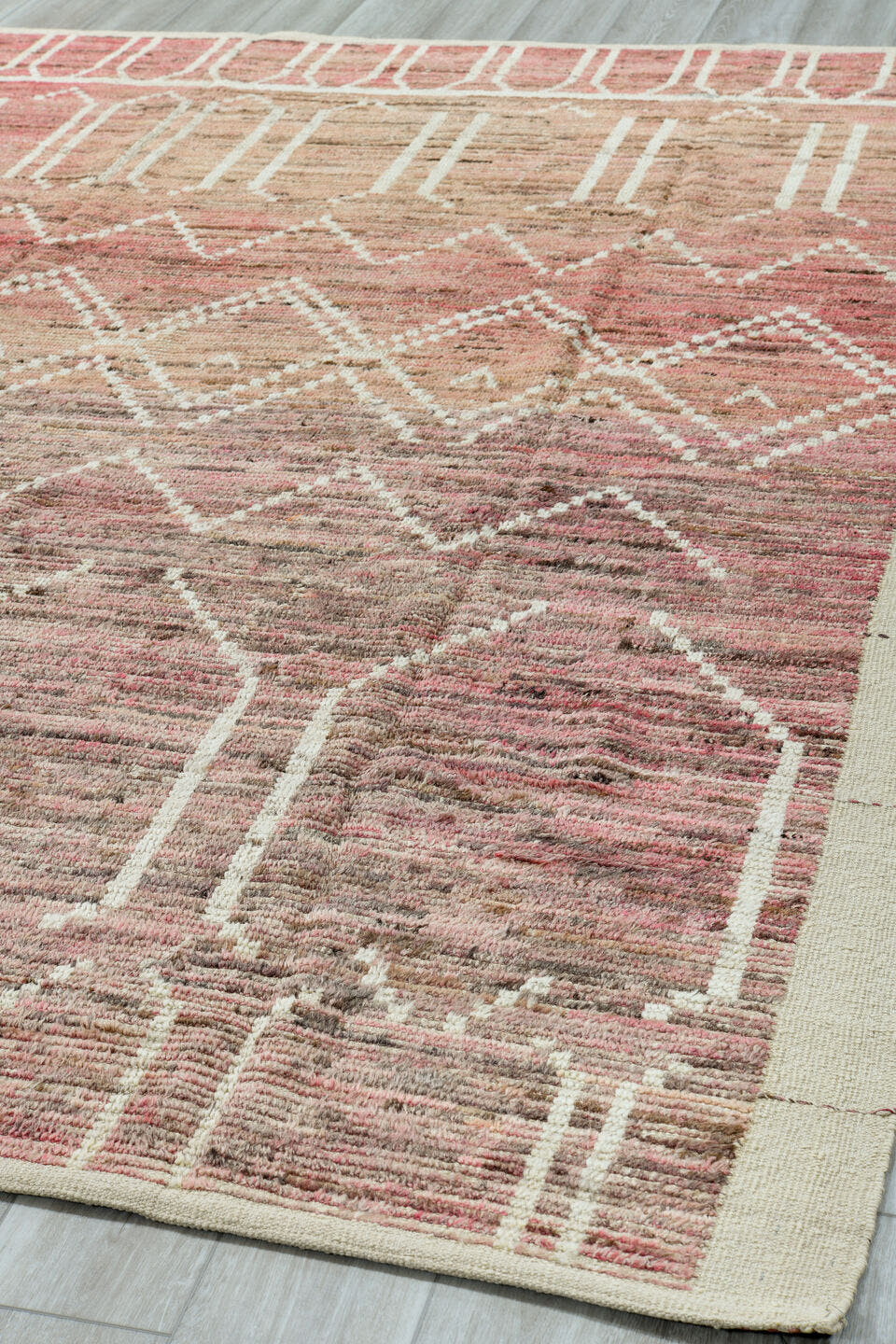 8' x 9' one-of-a-kind handmade vintage Tulu large size rug. Color palette: rose, taupe, ivory, blush, sand, brown, pink, red