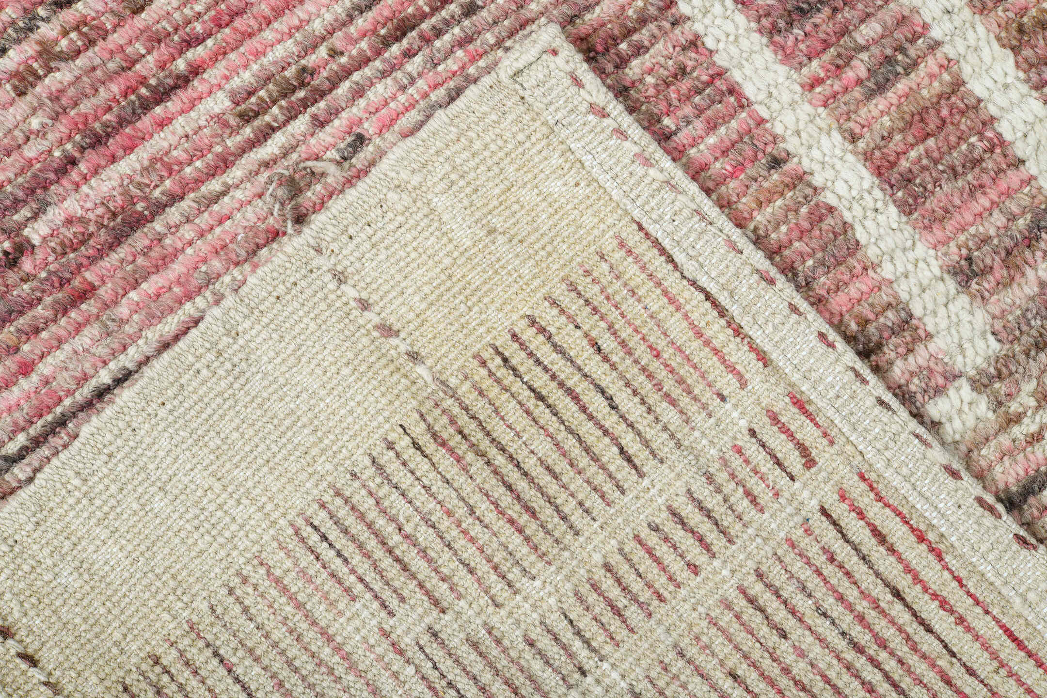 8' x 9' one-of-a-kind handmade vintage Tulu large size rug. Color palette: rose, taupe, ivory, blush, sand, brown, pink, red