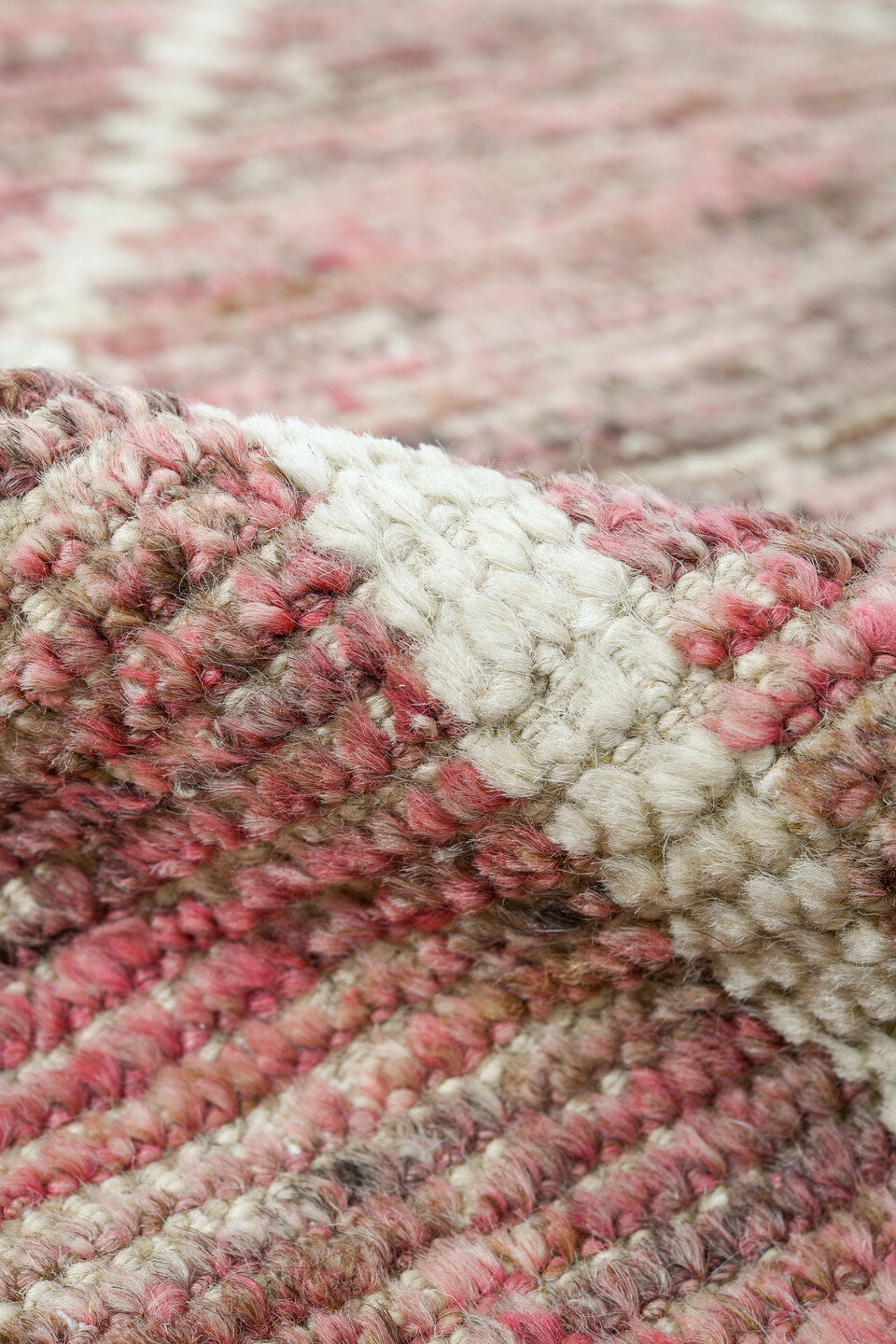 8' x 9' one-of-a-kind handmade vintage Tulu large size rug. Color palette: rose, taupe, ivory, blush, sand, brown, pink, red