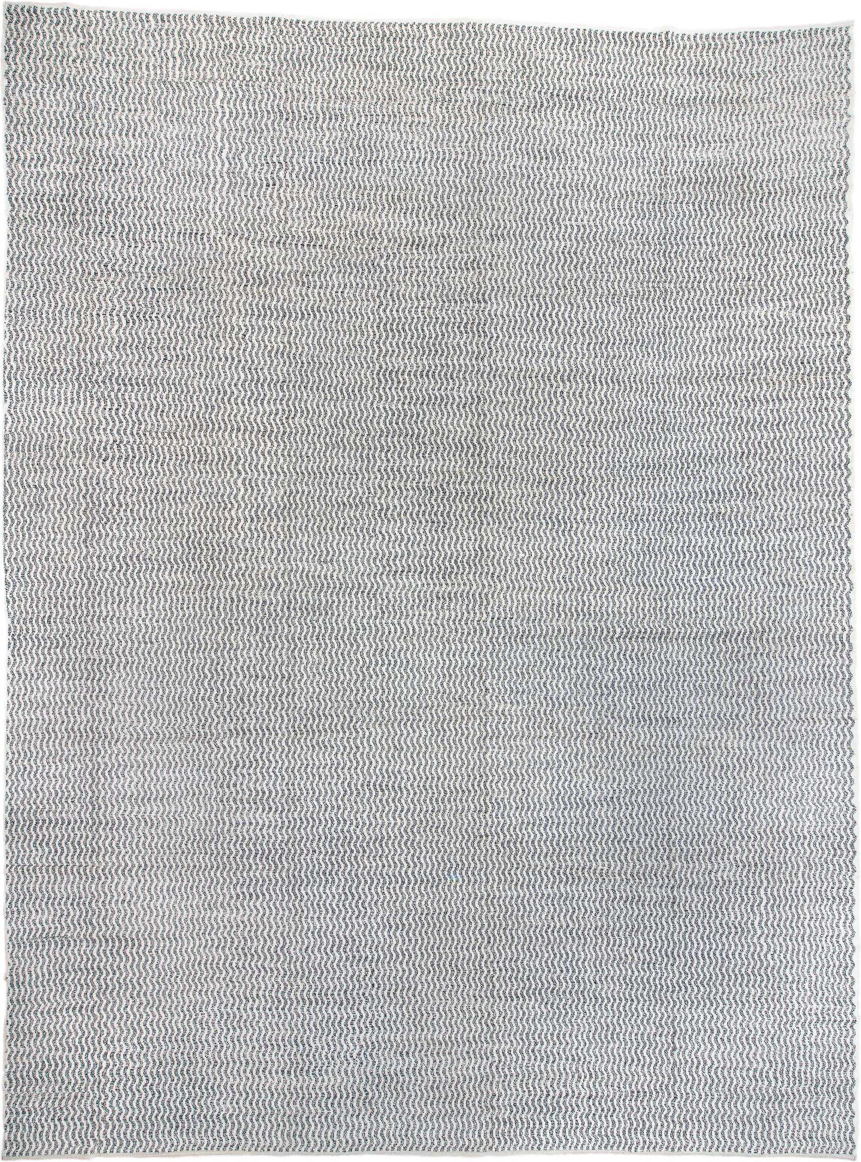 14' x 19' one-of-a-kind handmade vintage Tulu oversize rug. Color palette: ivory, blue-gray, teal, slate, gray, blue