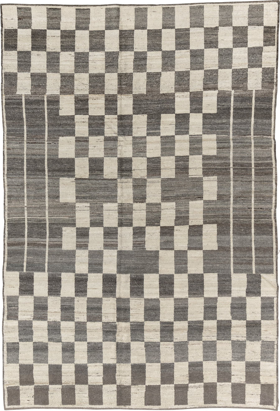 6' x 9' one-of-a-kind handmade vintage Tulu medium size rug. Color palette: ivory, charcoal, gray, taupe, black, beige