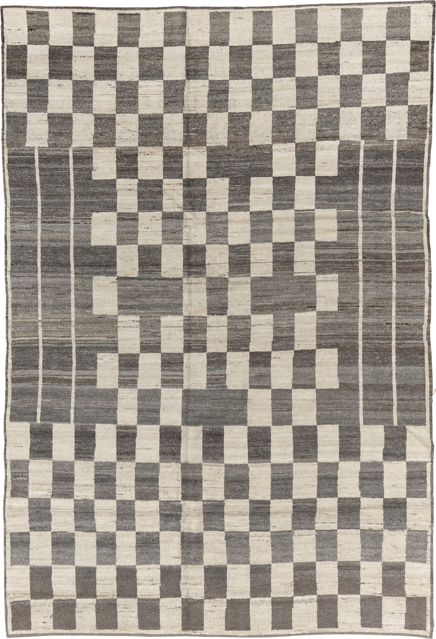 6' x 9' one-of-a-kind handmade vintage Tulu medium size rug. Color palette: ivory, charcoal, gray, taupe, black, beige