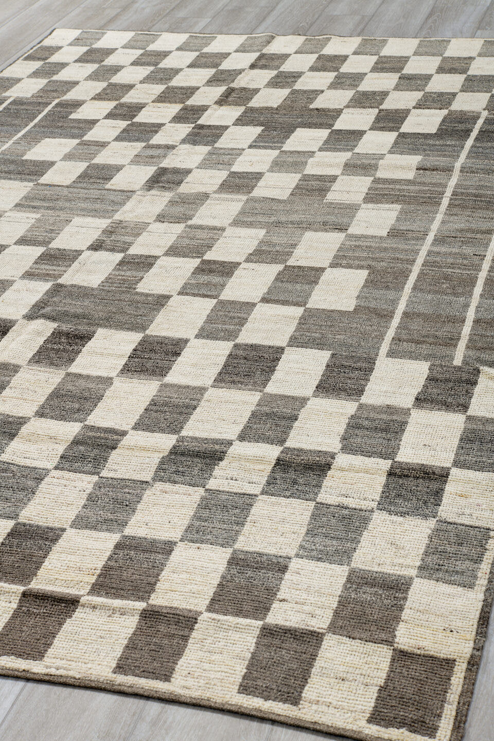 6' x 9' one-of-a-kind handmade vintage Tulu medium size rug. Color palette: ivory, charcoal, gray, taupe, black, beige