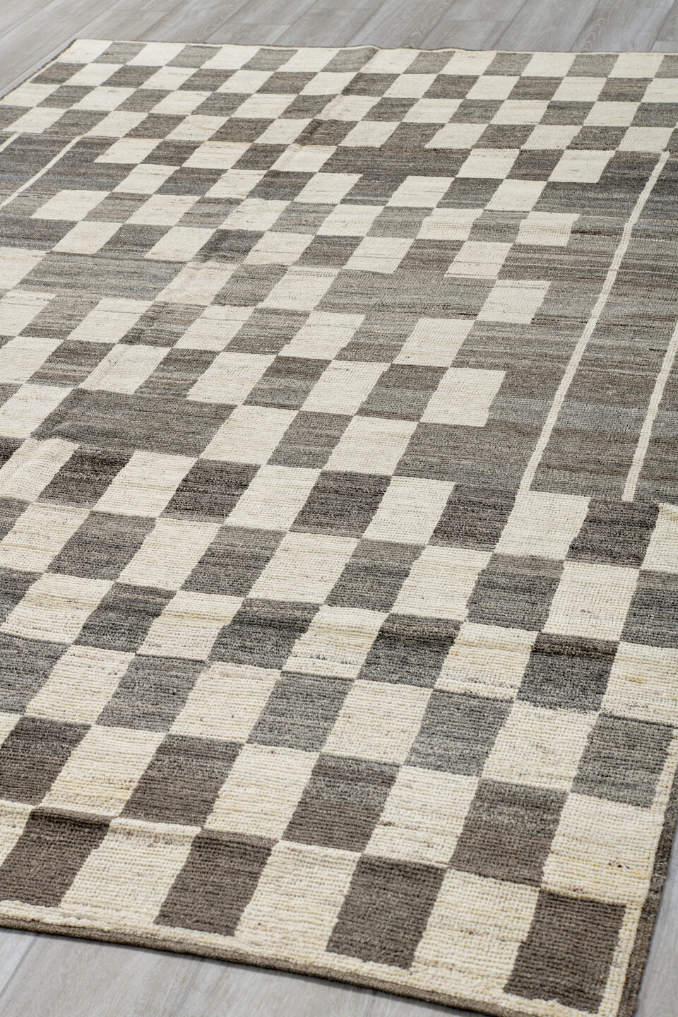 6' x 9' one-of-a-kind handmade vintage Tulu medium size rug. Color palette: ivory, charcoal, gray, taupe, black, beige