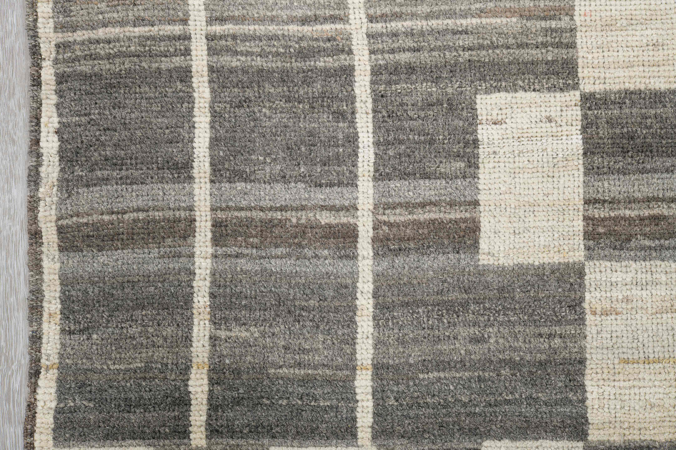 6' x 9' one-of-a-kind handmade vintage Tulu medium size rug. Color palette: ivory, charcoal, gray, taupe, black, beige
