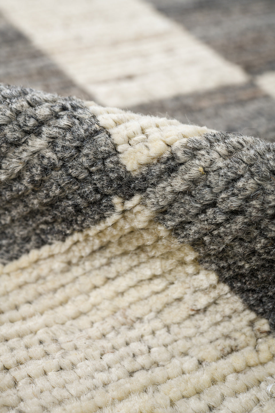 6' x 9' one-of-a-kind handmade vintage Tulu medium size rug. Color palette: ivory, charcoal, gray, taupe, black, beige