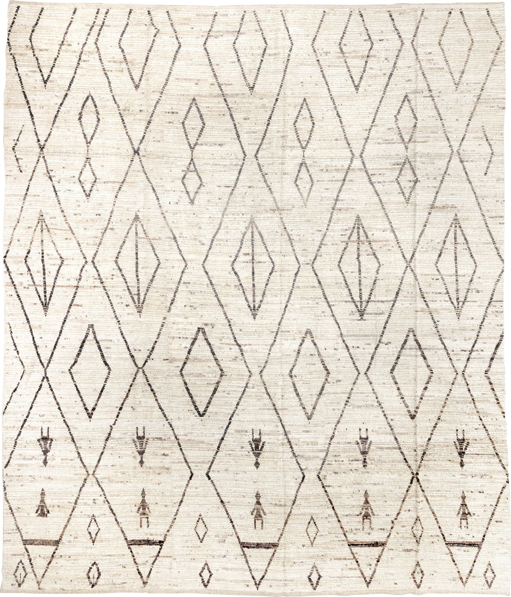 12' x 14' one-of-a-kind handmade vintage Tulu oversize rug. Color palette: ivory, charcoal, taupe, cream, gray, black, beige