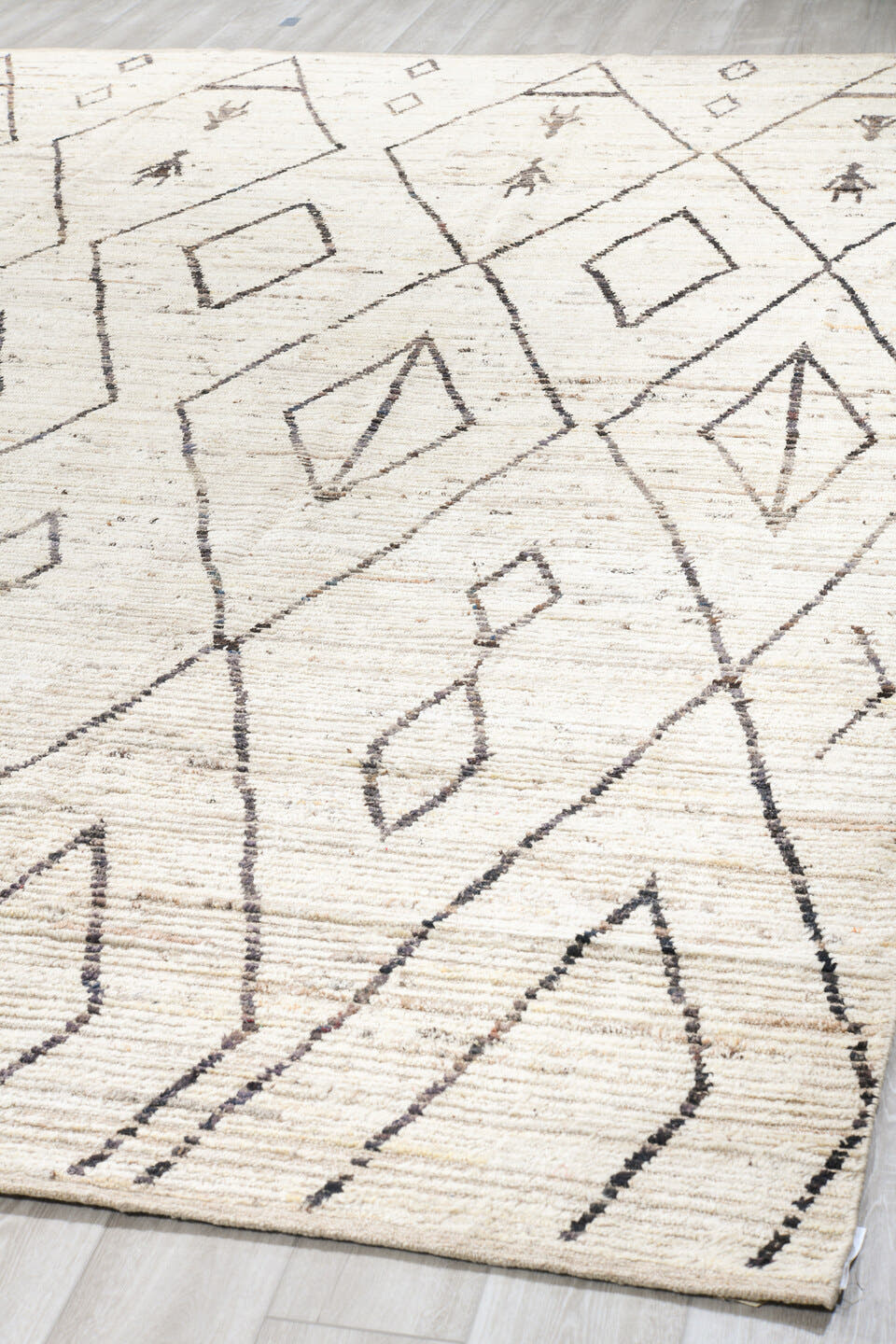12' x 14' one-of-a-kind handmade vintage Tulu oversize rug. Color palette: ivory, charcoal, taupe, cream, gray, black, beige