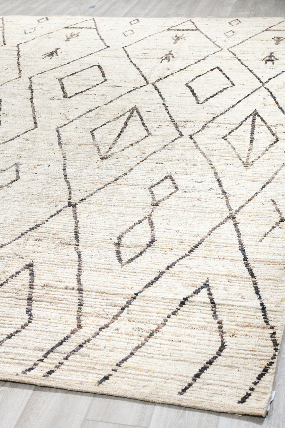 12' x 14' one-of-a-kind handmade vintage Tulu oversize rug. Color palette: ivory, charcoal, taupe, cream, gray, black, beige