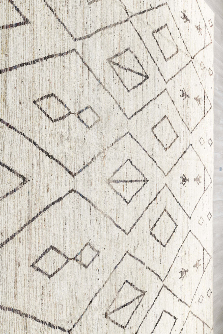 12' x 14' one-of-a-kind handmade vintage Tulu oversize rug. Color palette: ivory, charcoal, taupe, cream, gray, black, beige