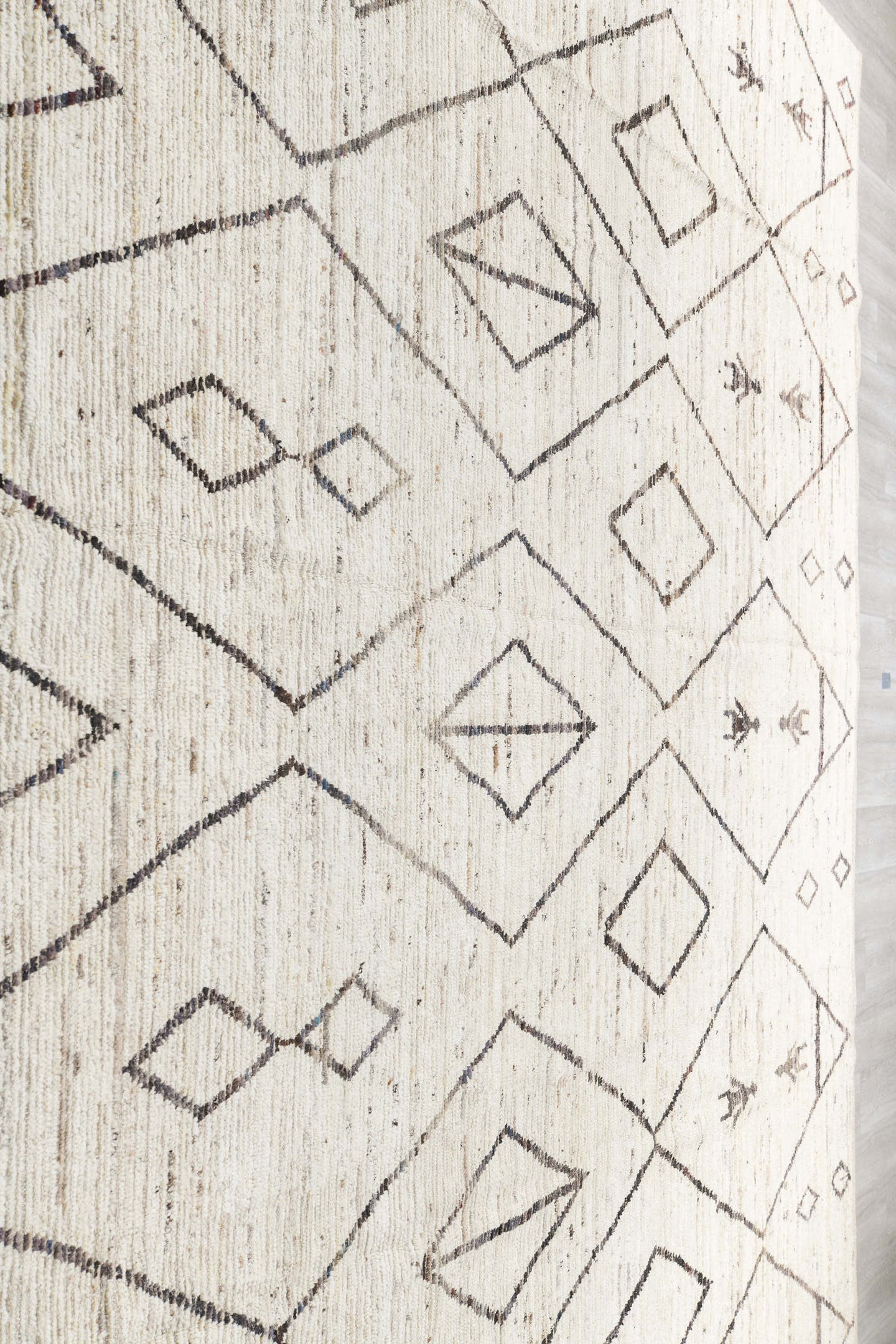 12' x 14' one-of-a-kind handmade vintage Tulu oversize rug. Color palette: ivory, charcoal, taupe, cream, gray, black, beige
