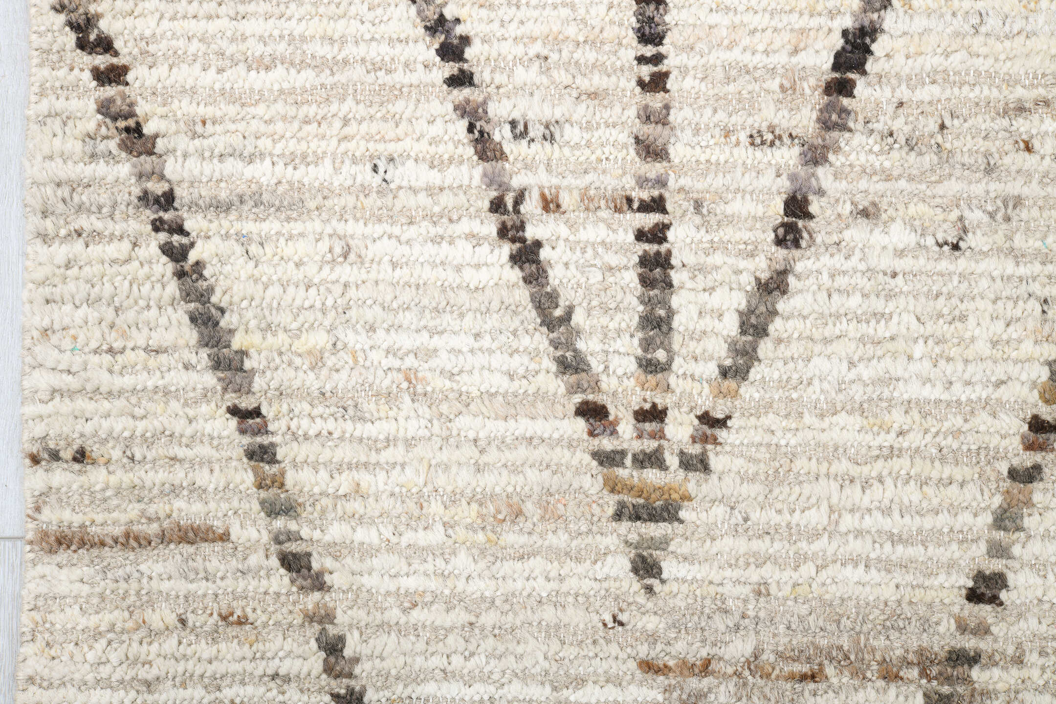 12' x 14' one-of-a-kind handmade vintage Tulu oversize rug. Color palette: ivory, charcoal, taupe, cream, gray, black, beige