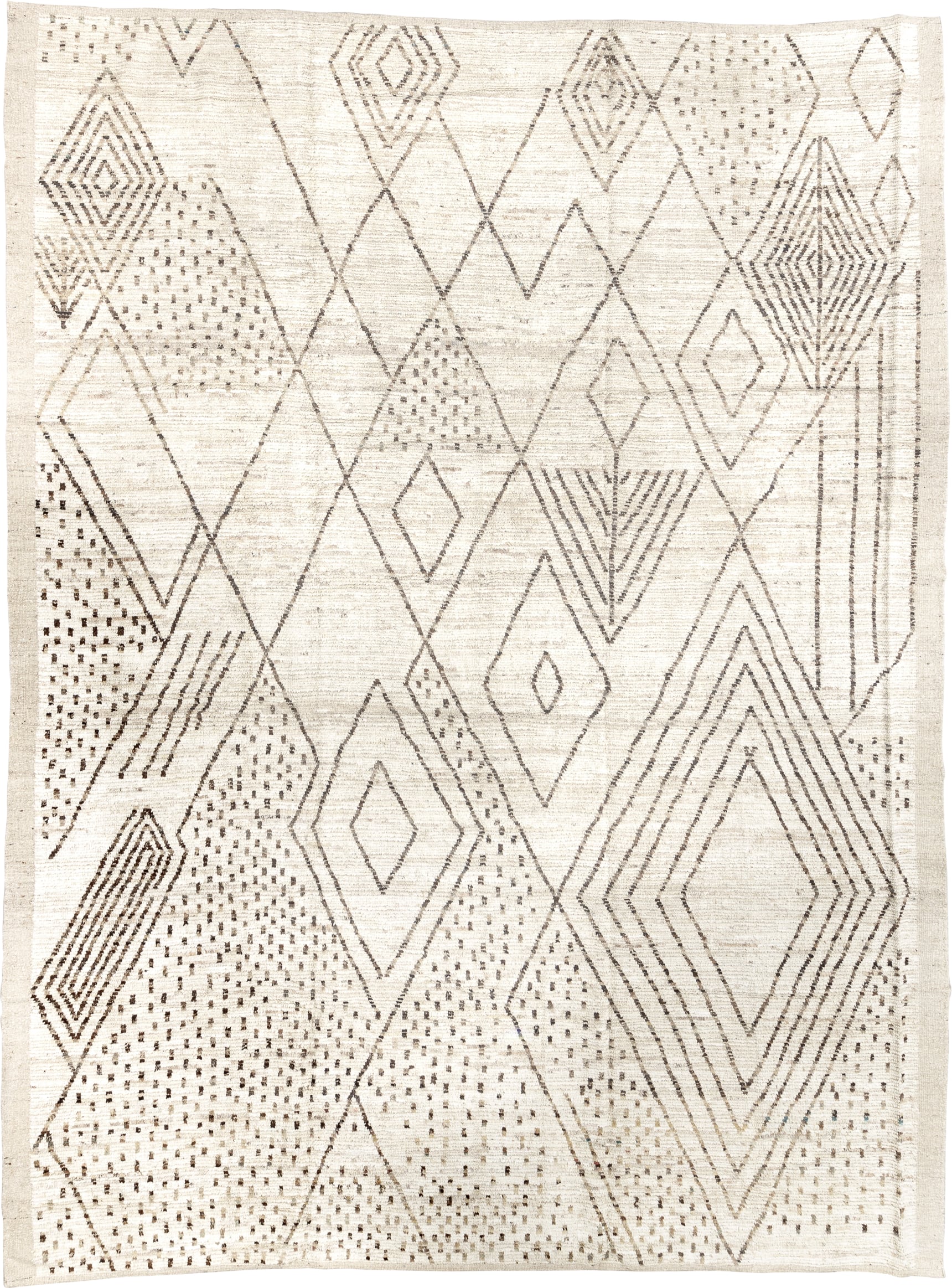 10' x 13' one-of-a-kind handmade vintage Tulu large size rug. Color palette: ivory, taupe, brown, beige, gray
