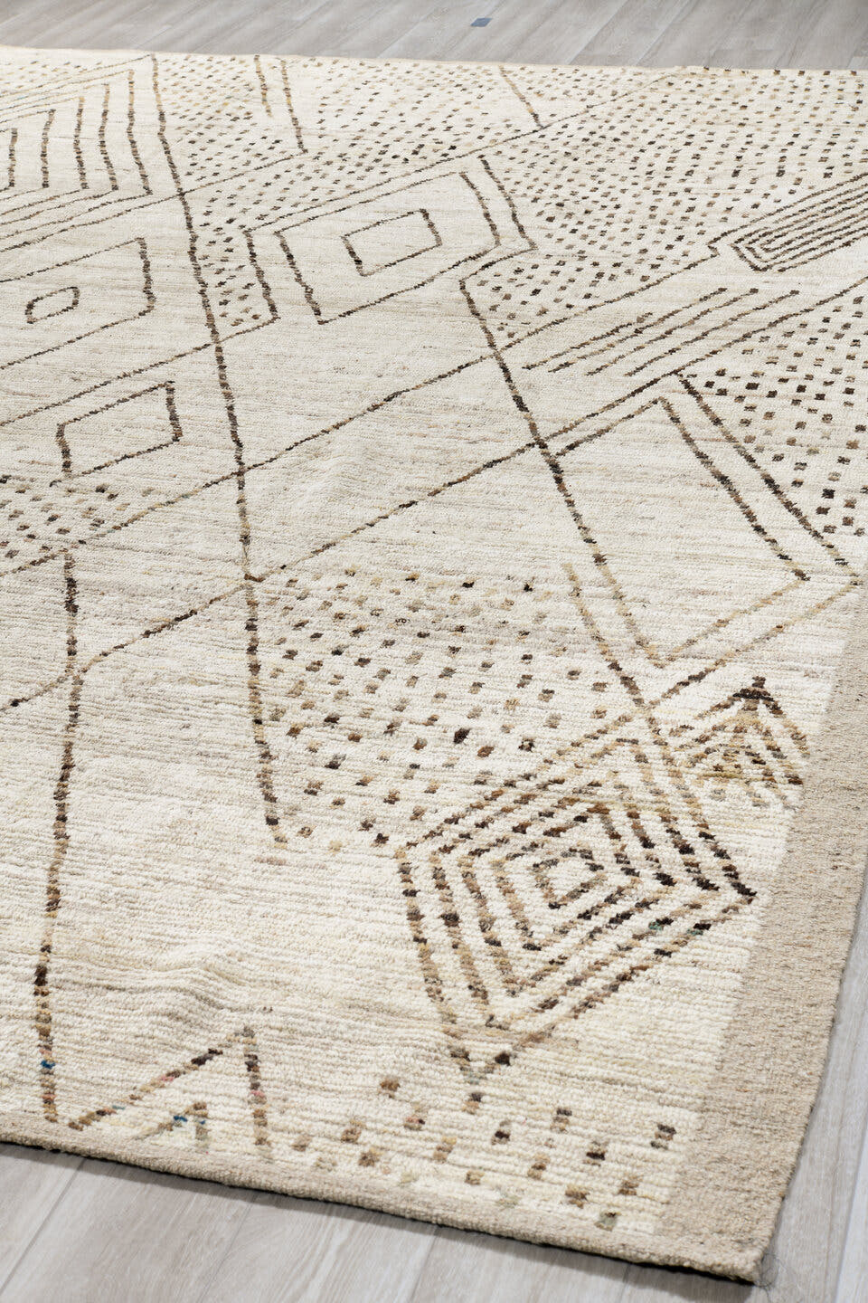 10' x 13' one-of-a-kind handmade vintage Tulu large size rug. Color palette: ivory, taupe, brown, beige, gray