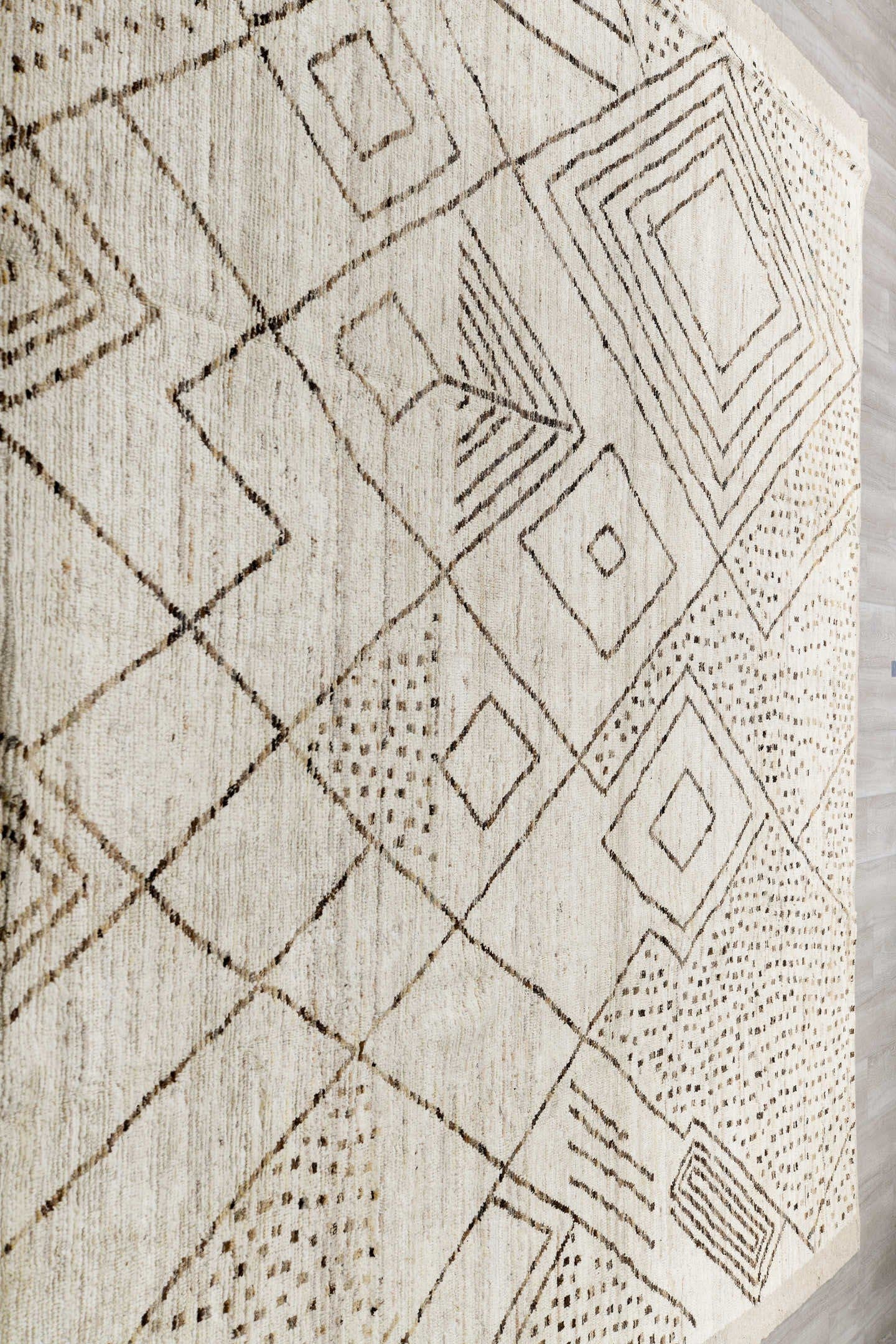 10' x 13' one-of-a-kind handmade vintage Tulu large size rug. Color palette: ivory, taupe, brown, beige, gray