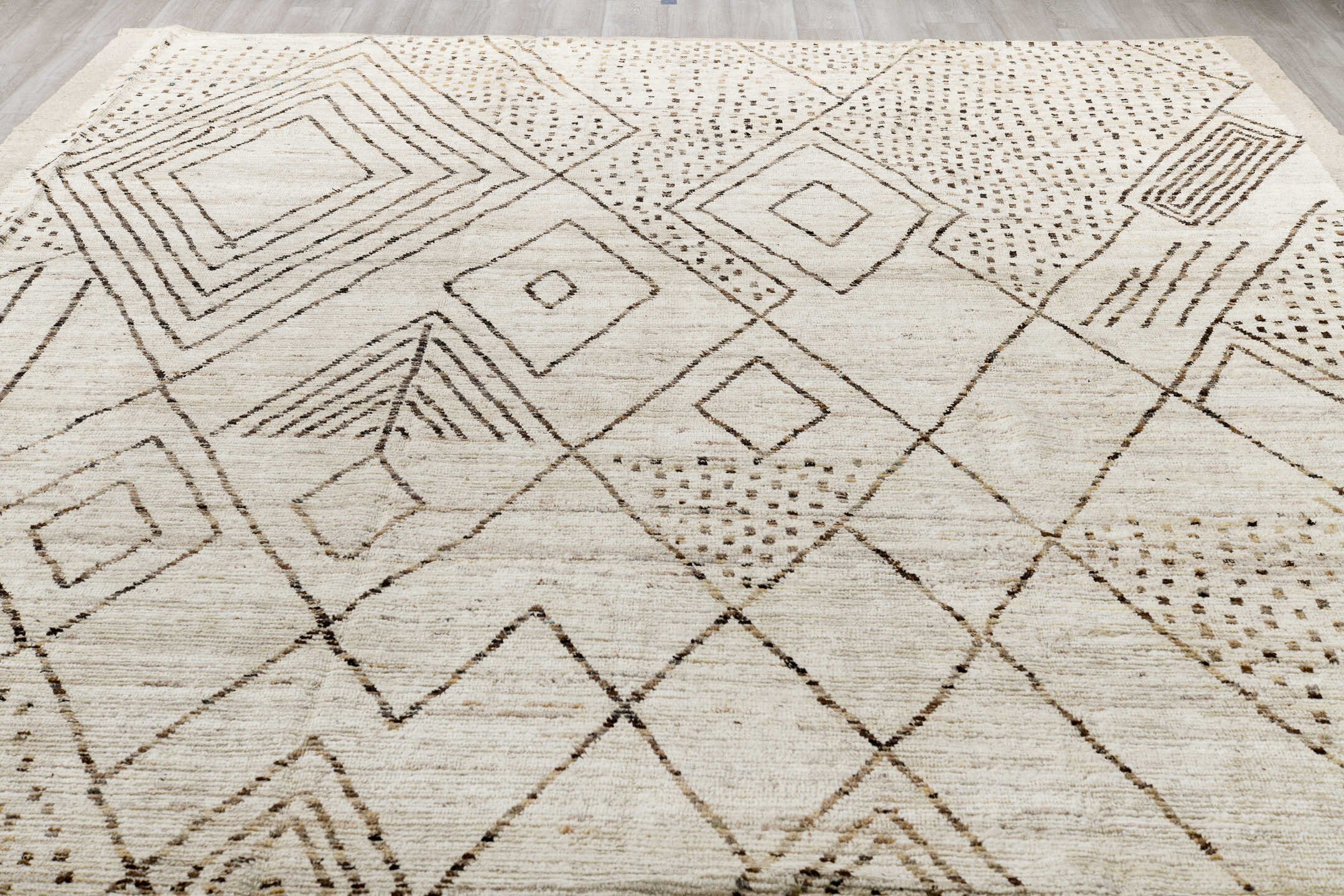 10' x 13' one-of-a-kind handmade vintage Tulu large size rug. Color palette: black, brown, dark gray, gray, light gray