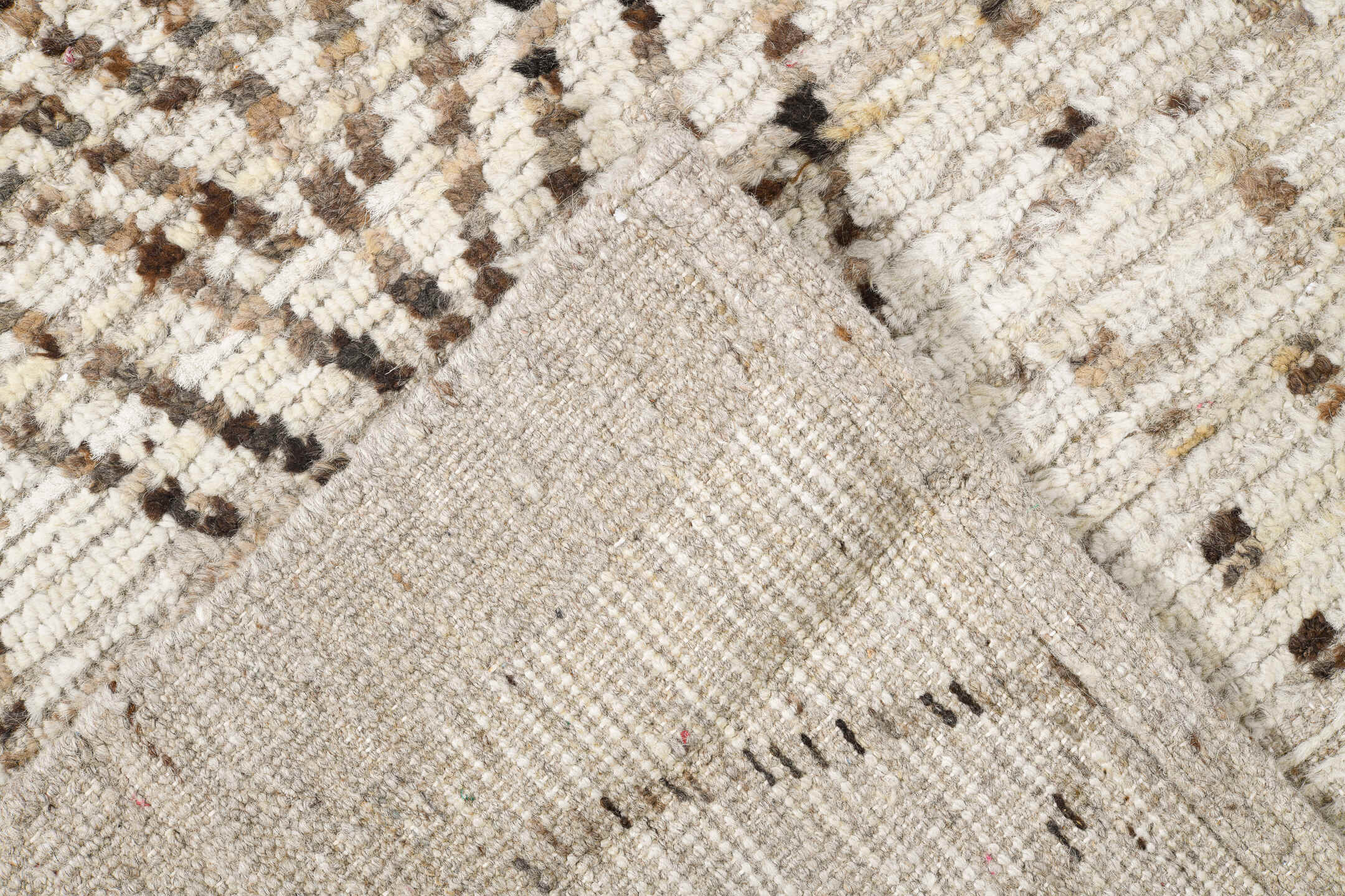 10' x 13' one-of-a-kind handmade vintage Tulu large size rug. Color palette: ivory, taupe, brown, beige, gray