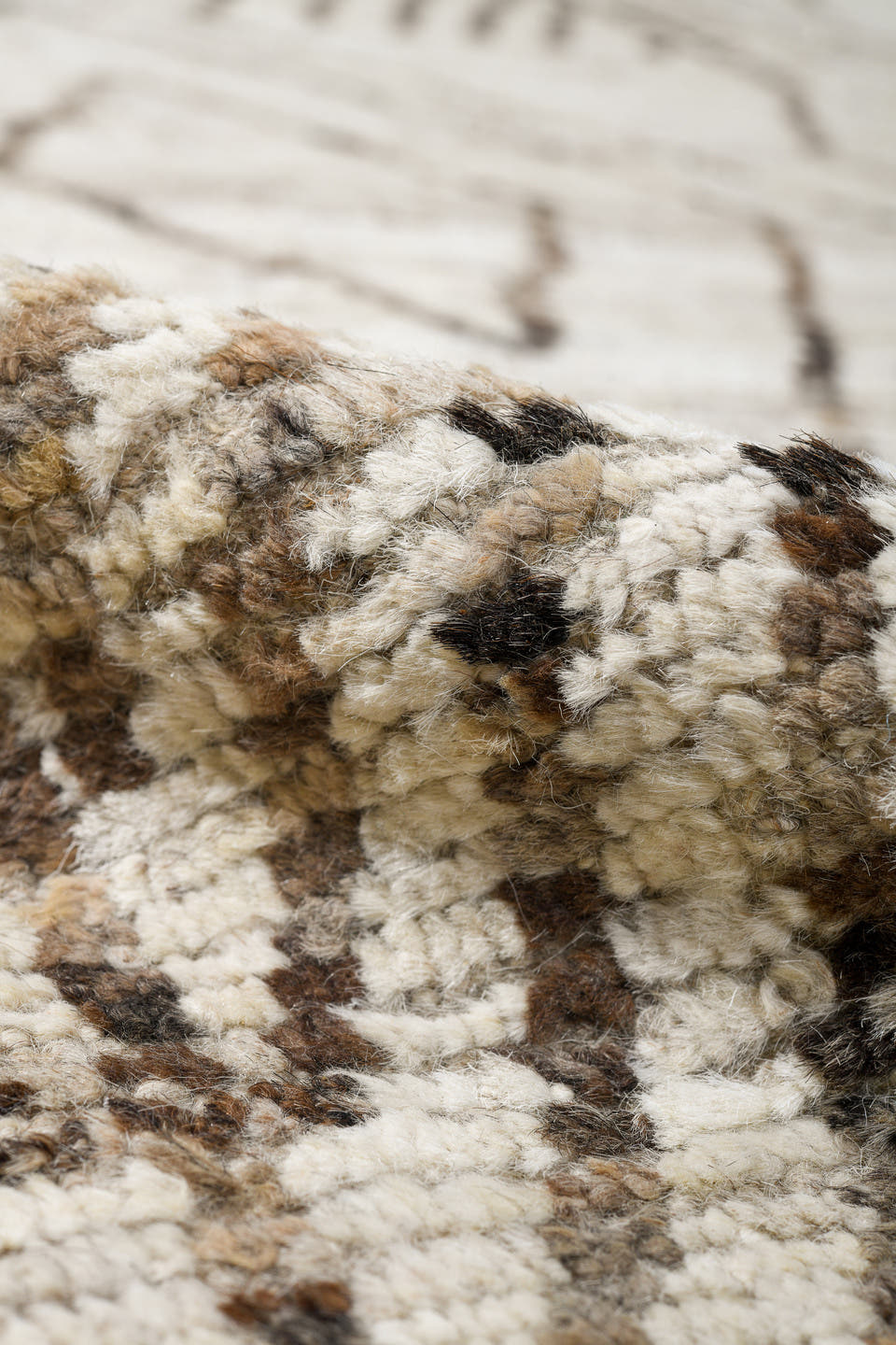 10' x 13' one-of-a-kind handmade vintage Tulu large size rug. Color palette: ivory, taupe, brown, beige, gray