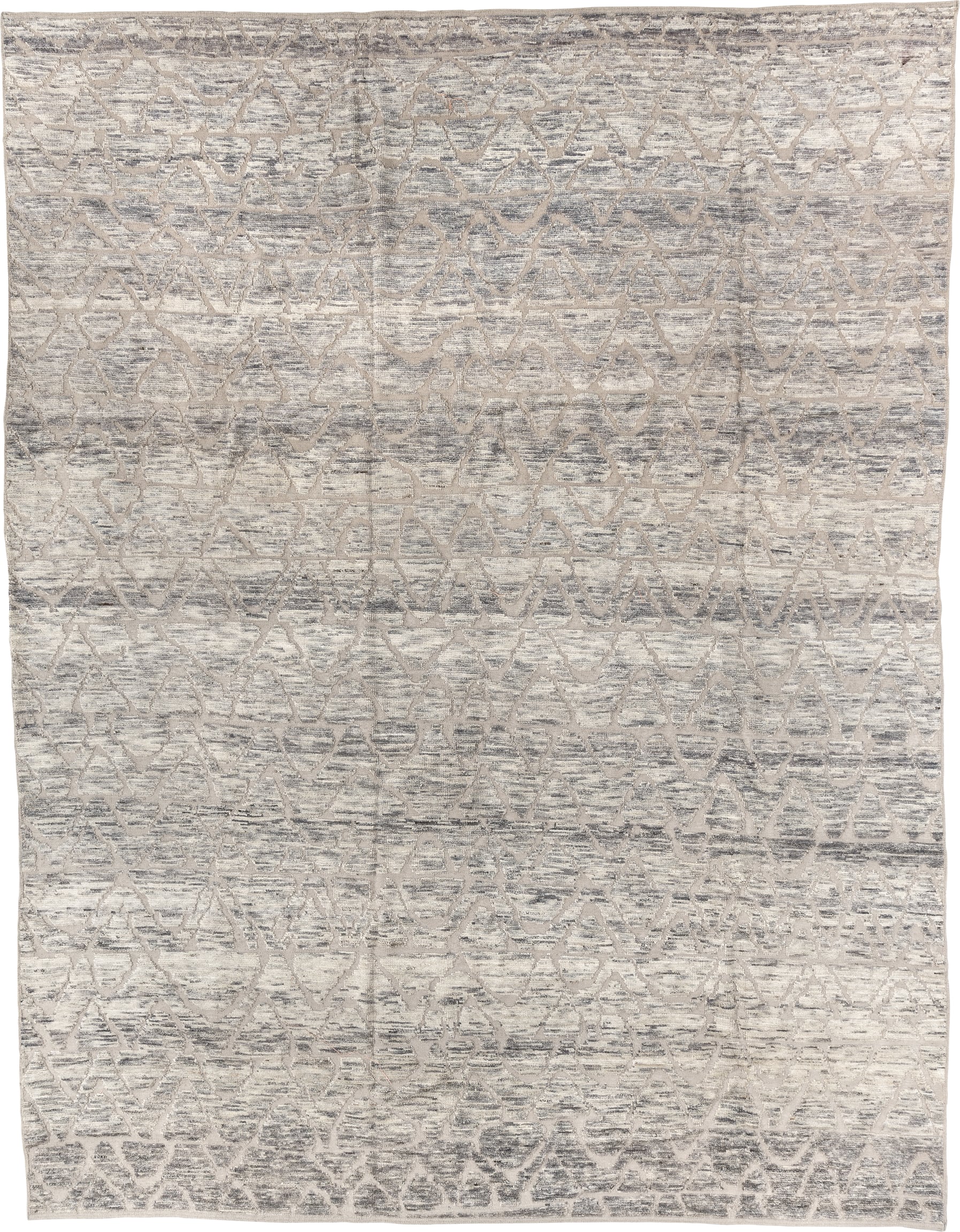 9' x 12' one-of-a-kind handmade vintage Tulu large size rug. Color palette: ivory, taupe, gray, cream, greige, beige