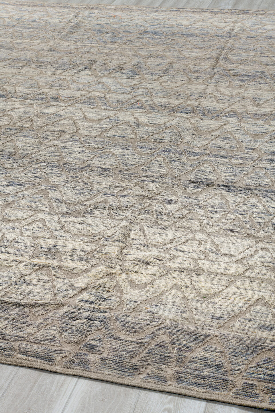 9' x 12' one-of-a-kind handmade vintage Tulu large size rug. Color palette: ivory, taupe, gray, cream, greige, beige