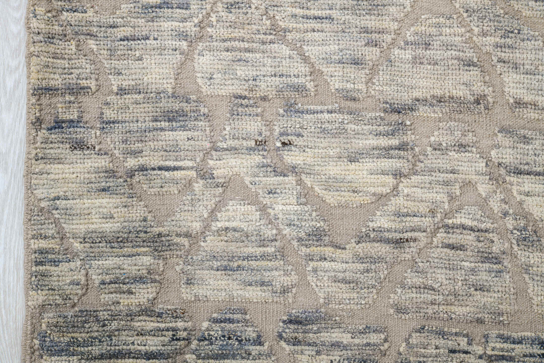 9' x 12' one-of-a-kind handmade vintage Tulu large size rug. Color palette: ivory, taupe, gray, cream, greige, beige