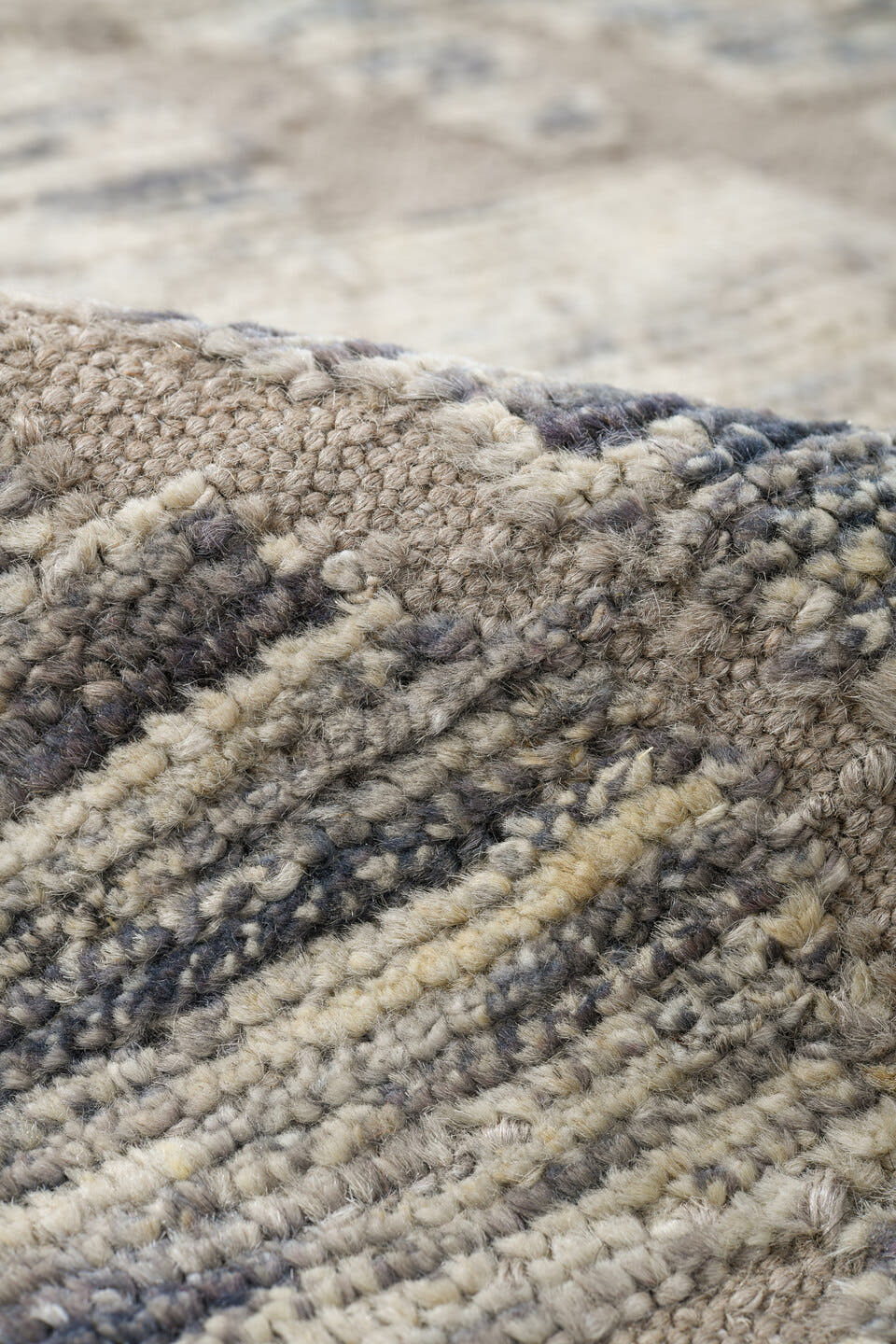 9' x 12' one-of-a-kind handmade vintage Tulu large size rug. Color palette: ivory, taupe, gray, cream, greige, beige